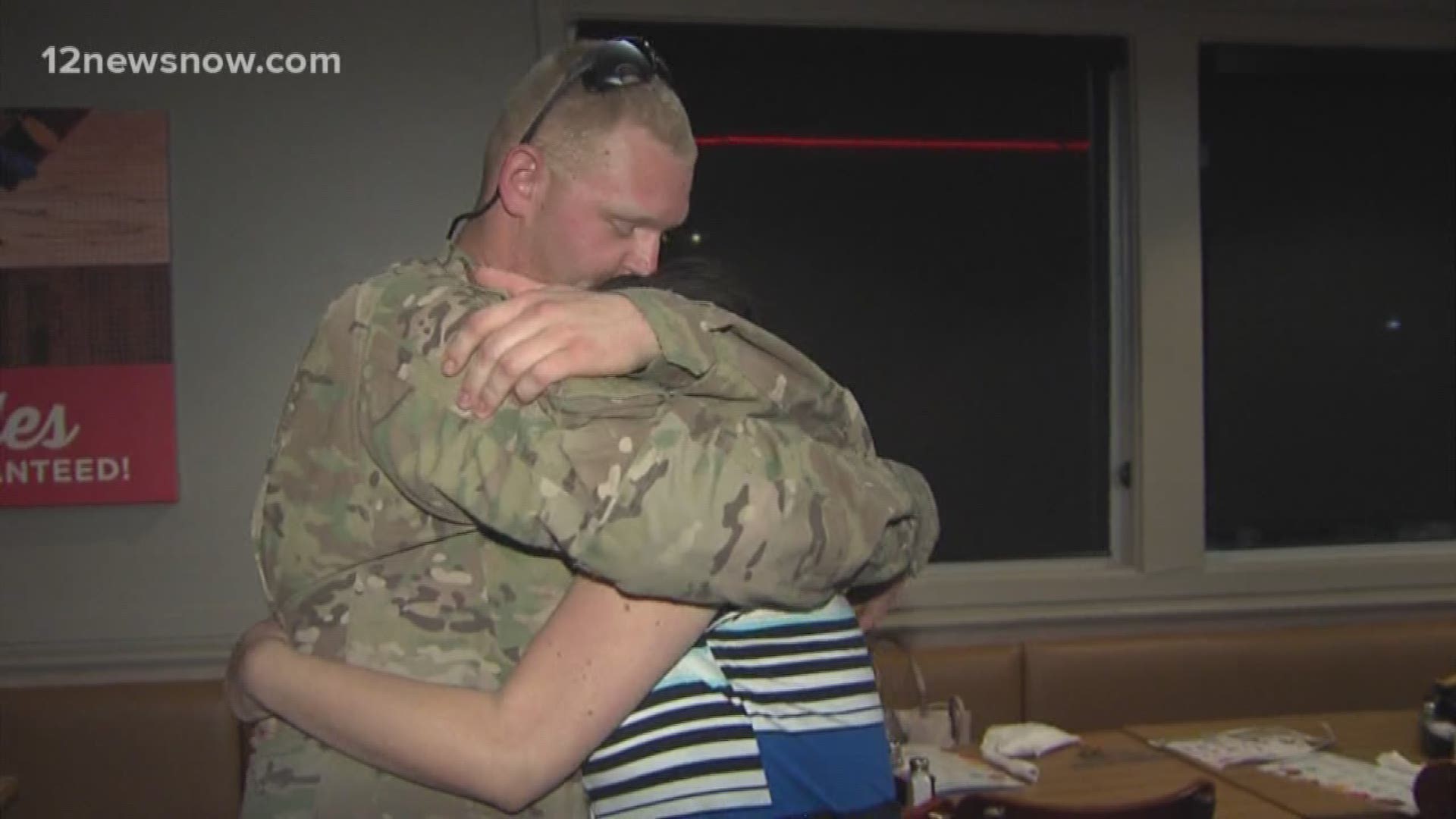 Caitleigh Gill was eating with her family at IHOP, when her husband, Private Jesse Gill, surprised her. He had just returned home from six months of deployment in Afghanistan. 