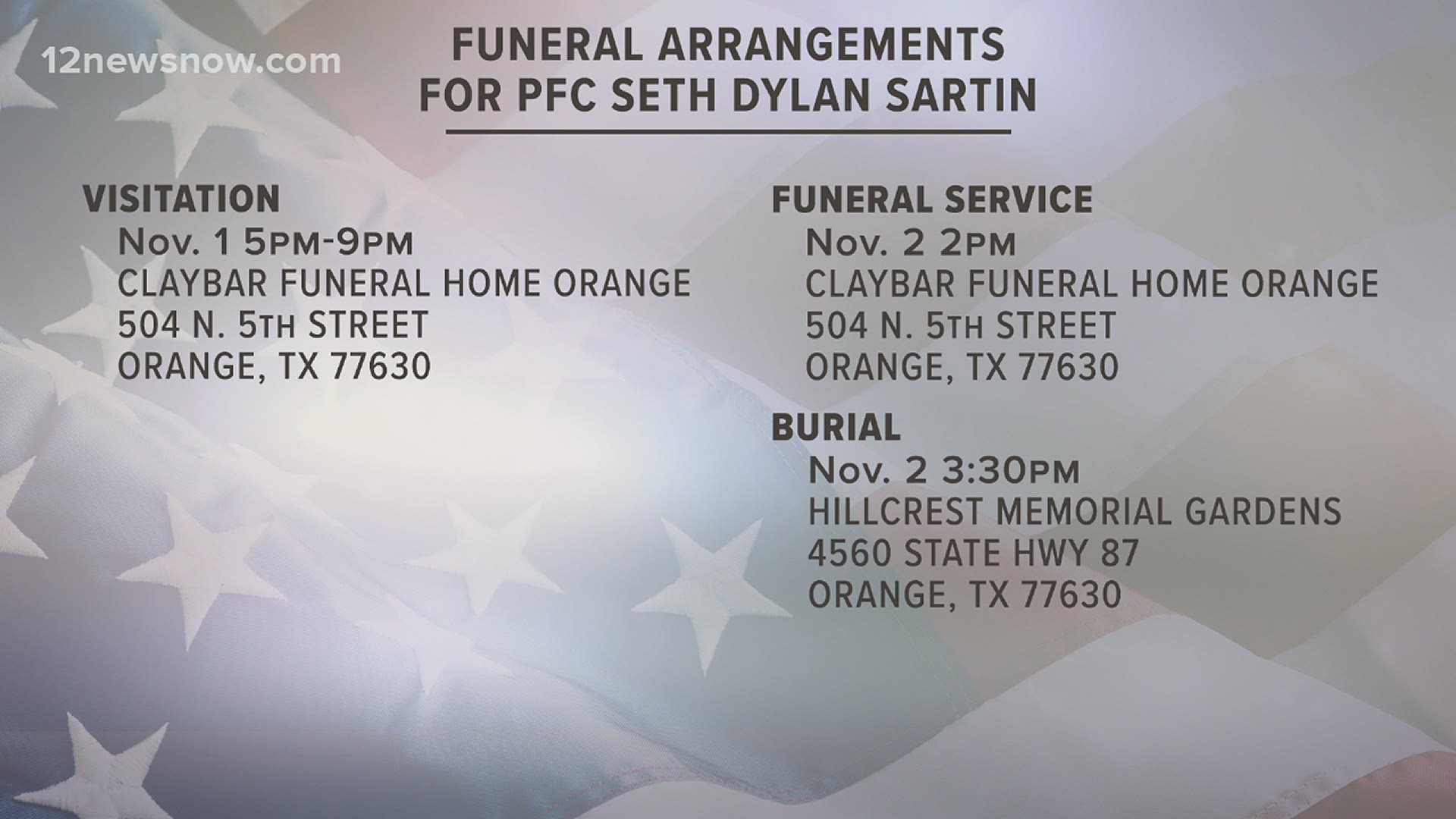 His family welcomes the SE Texas community to line the streets near Claybar funeral home Friday night, Oct. 30, at 8:30 p.m.