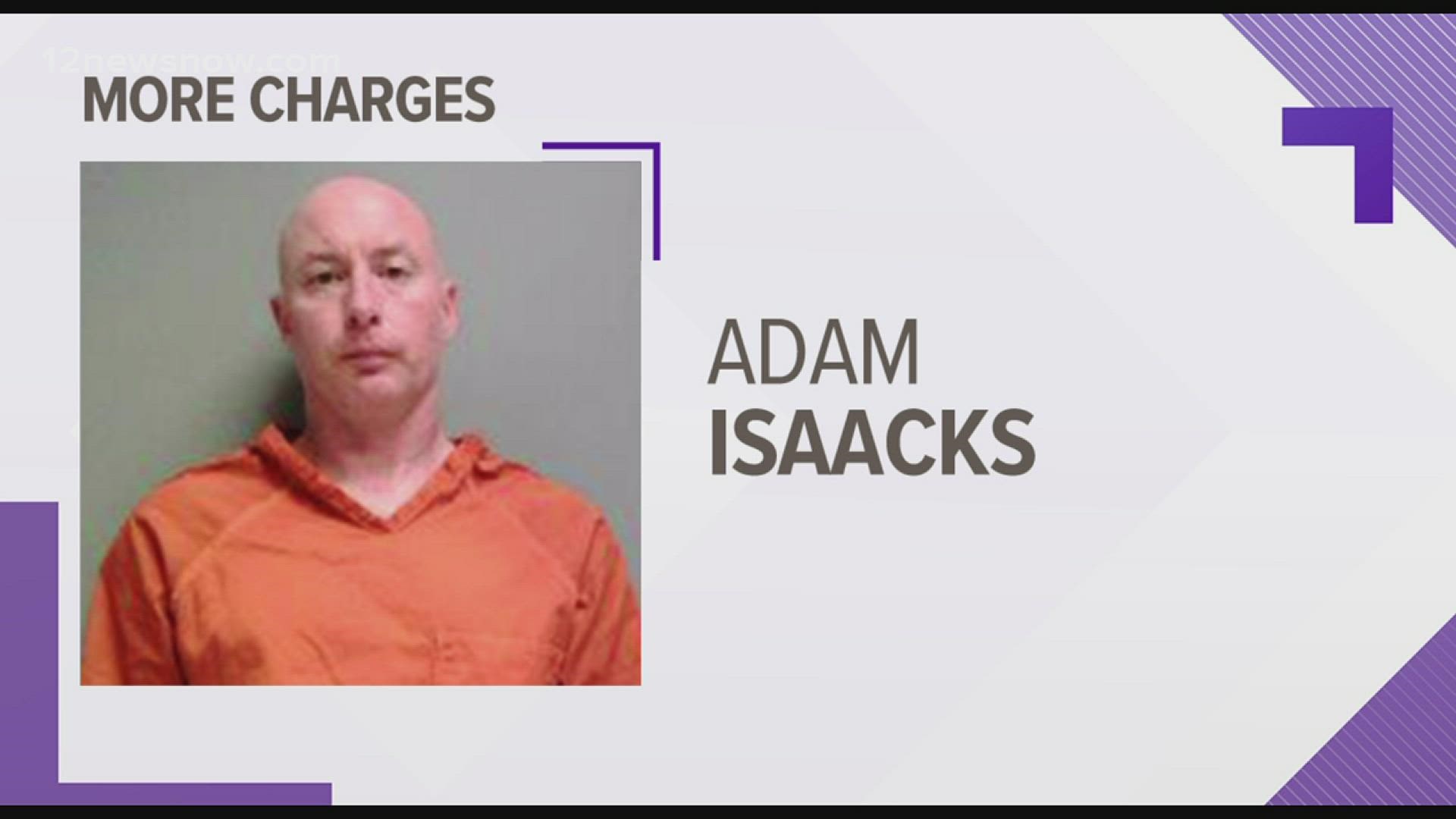 Adam Isaacks faces five charges in Sabine County and three in Jasper County.