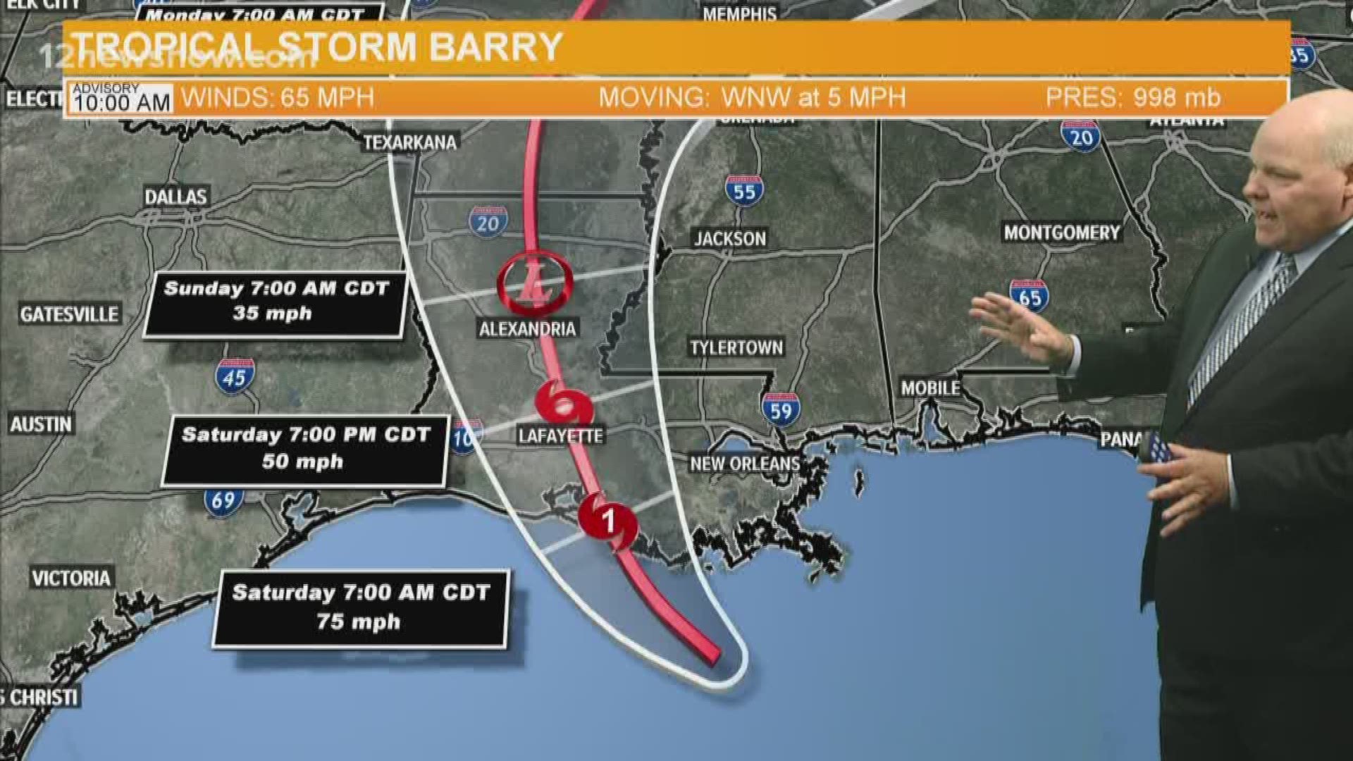 Tropical Storm Barry is now expected to make landfall around 7 a.m. Saturday morning along the Louisiana coastline as a category one hurricane according to the National Hurricane Center's latest update. The 10 am update on Tropical Storm Barry from the National Hurricane Center reported Barry's winds are sustained at 65 mph.