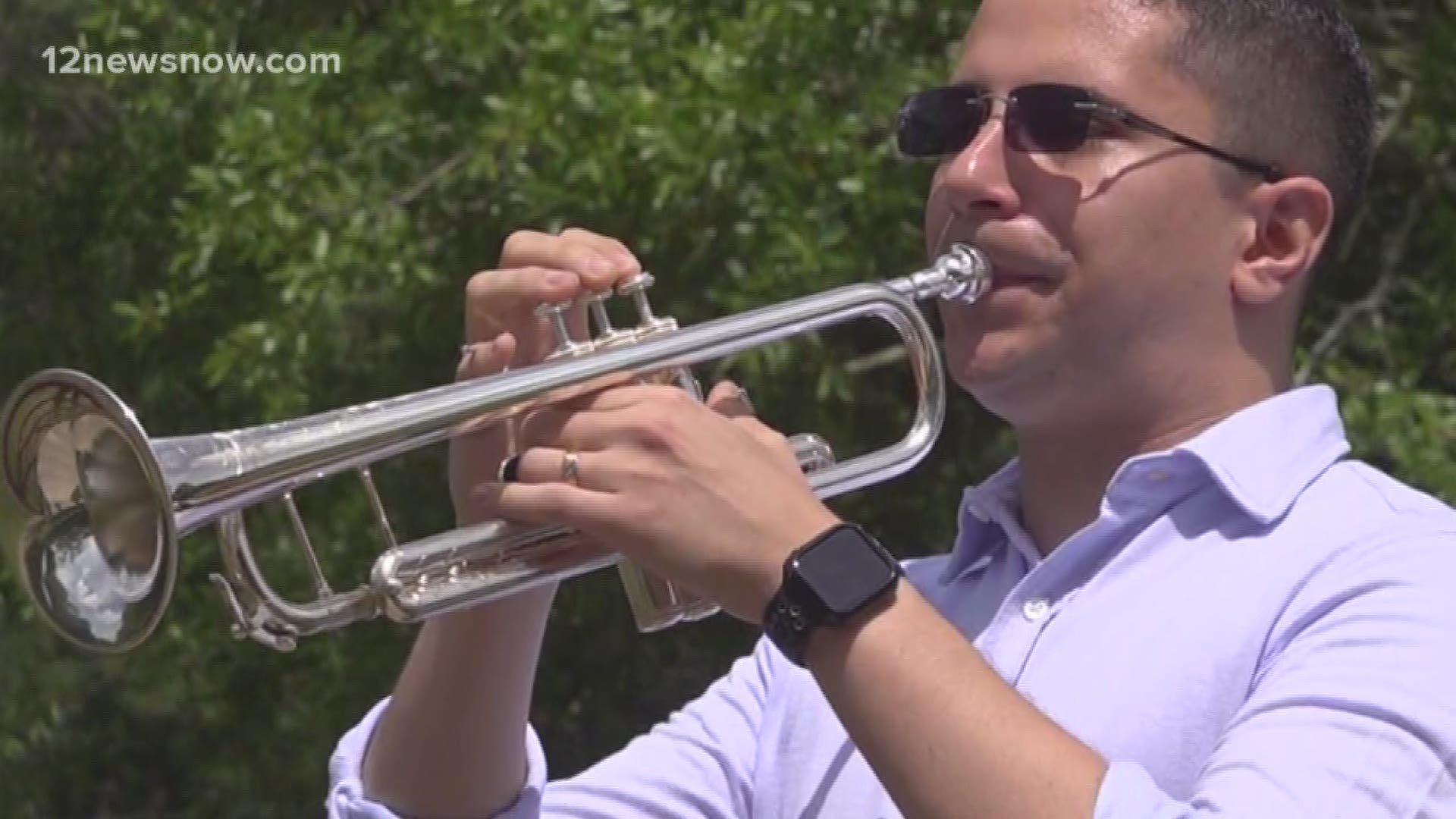 He says he is glad to be healthy to play his trumpet to honor those who are remembered on Memorial Day