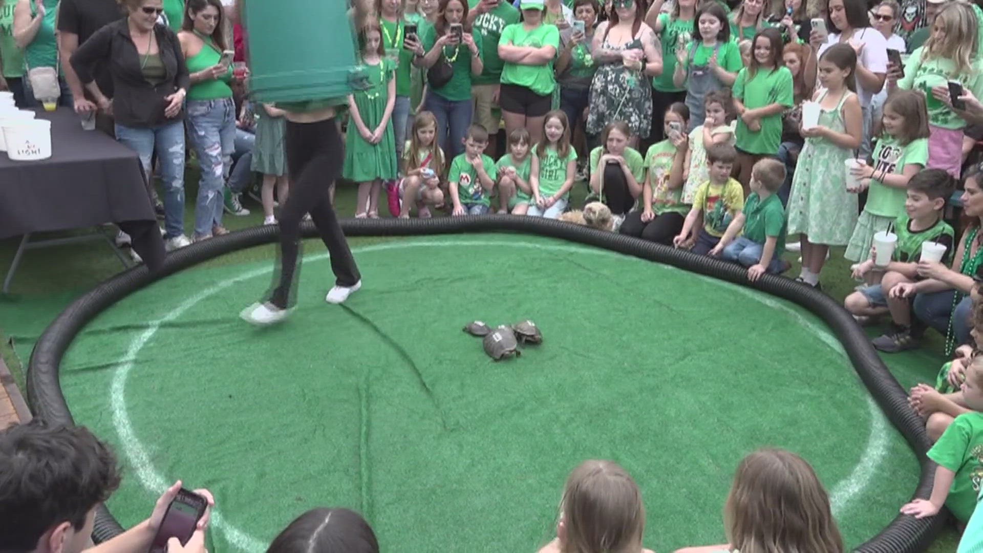 Patrons are greeted with green beer, $20 crawfish, live music, and maybe the most prominent feature of the day, turtle races.