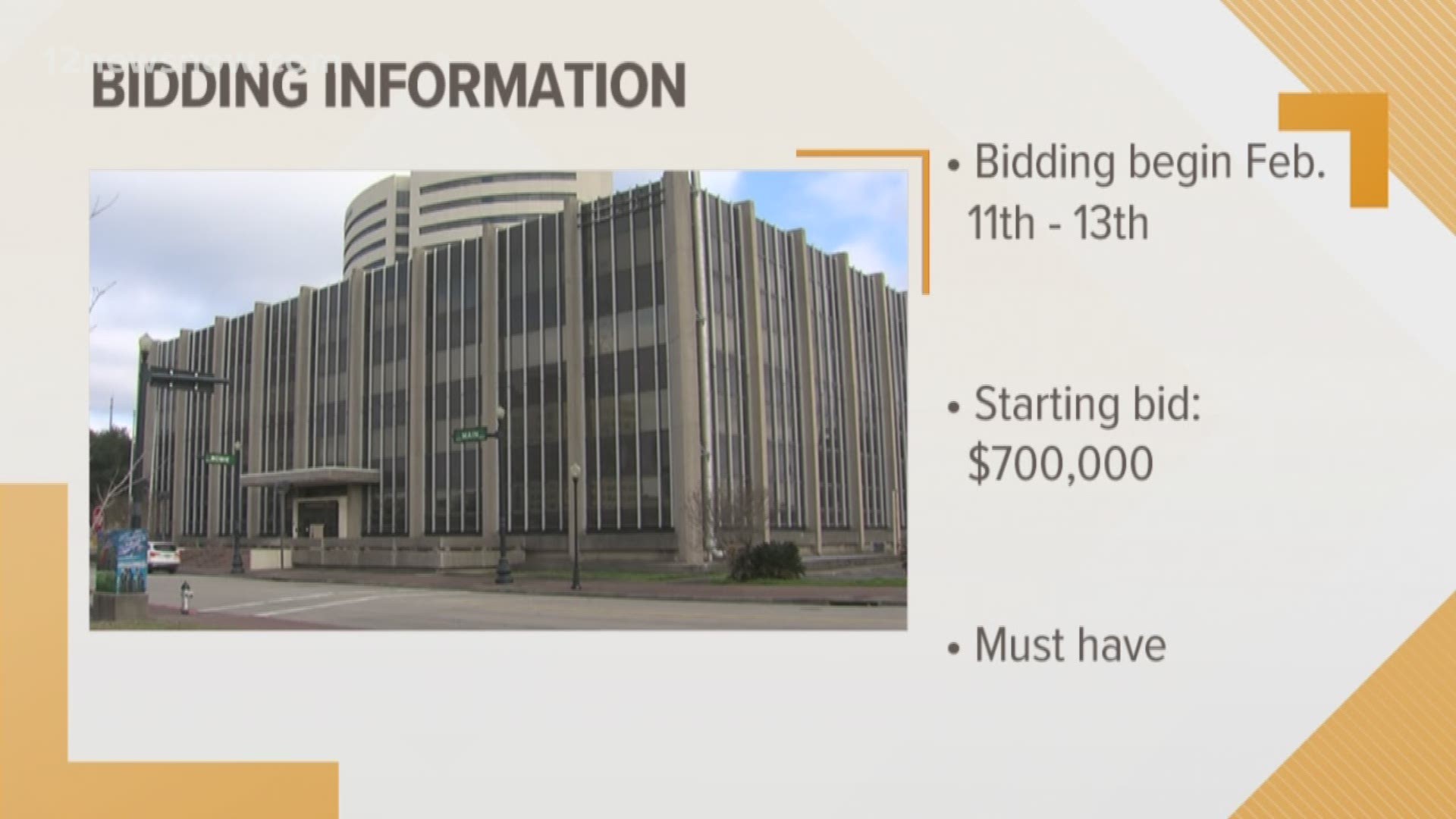 Bidding for the AT&T building in downtown Beaumont begins and will last until Wednesday, February 13th. Bidding starts at $700,000 and requires a $25,000 deposit to bid.