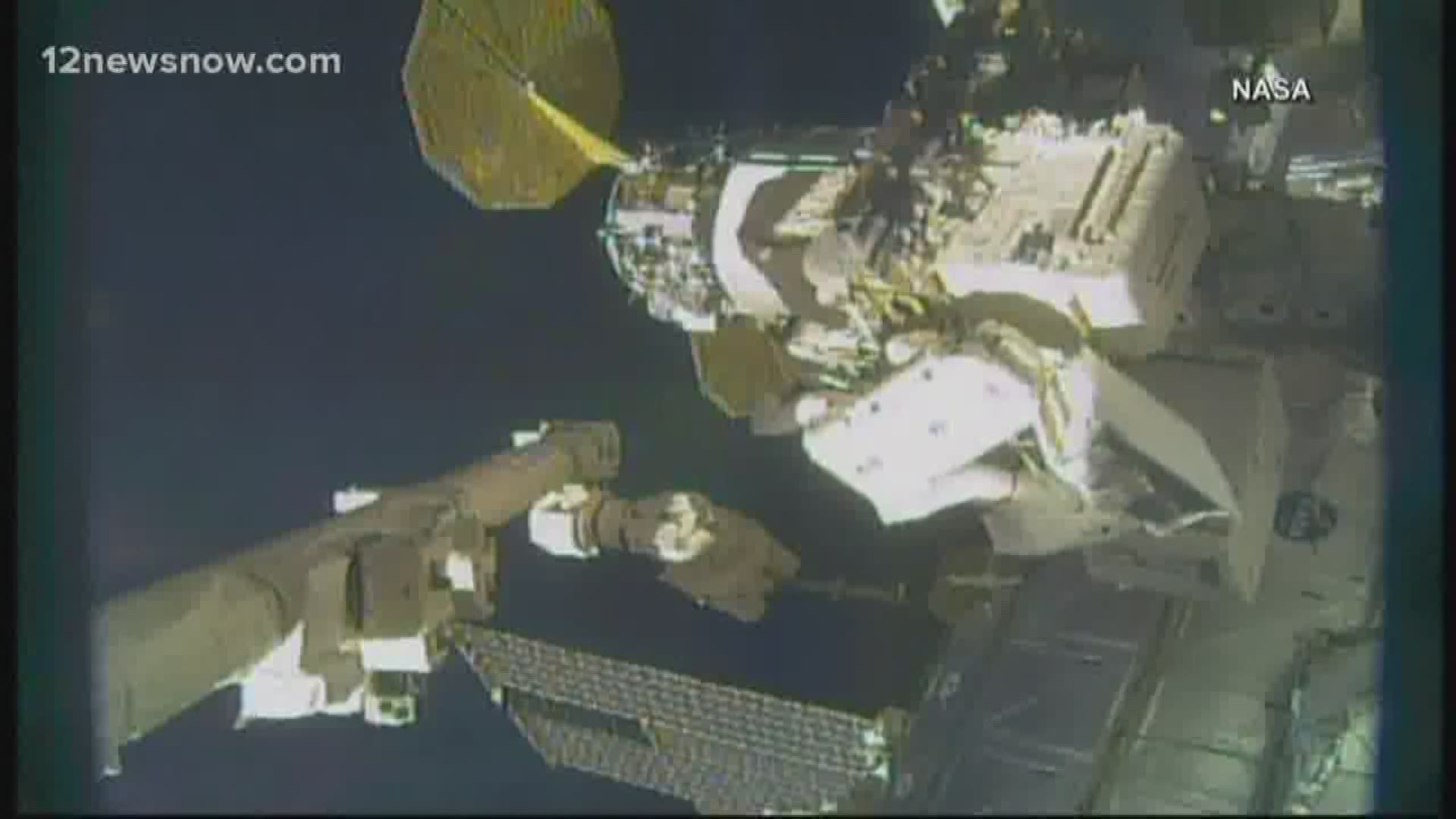 Astronauts on board the International Space Station continued their work this morning on the station's cosmic ray detector. This is the third spacewalk in 3 weeks.