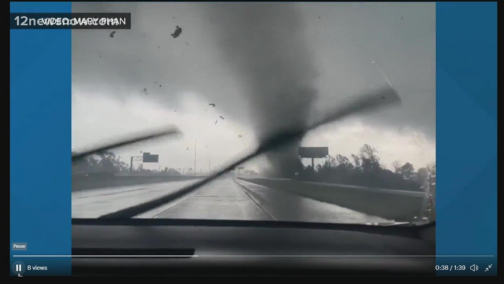 Videos captured by 12News viewers show funnels sweeping through the area. Some homes and businesses were damaged.