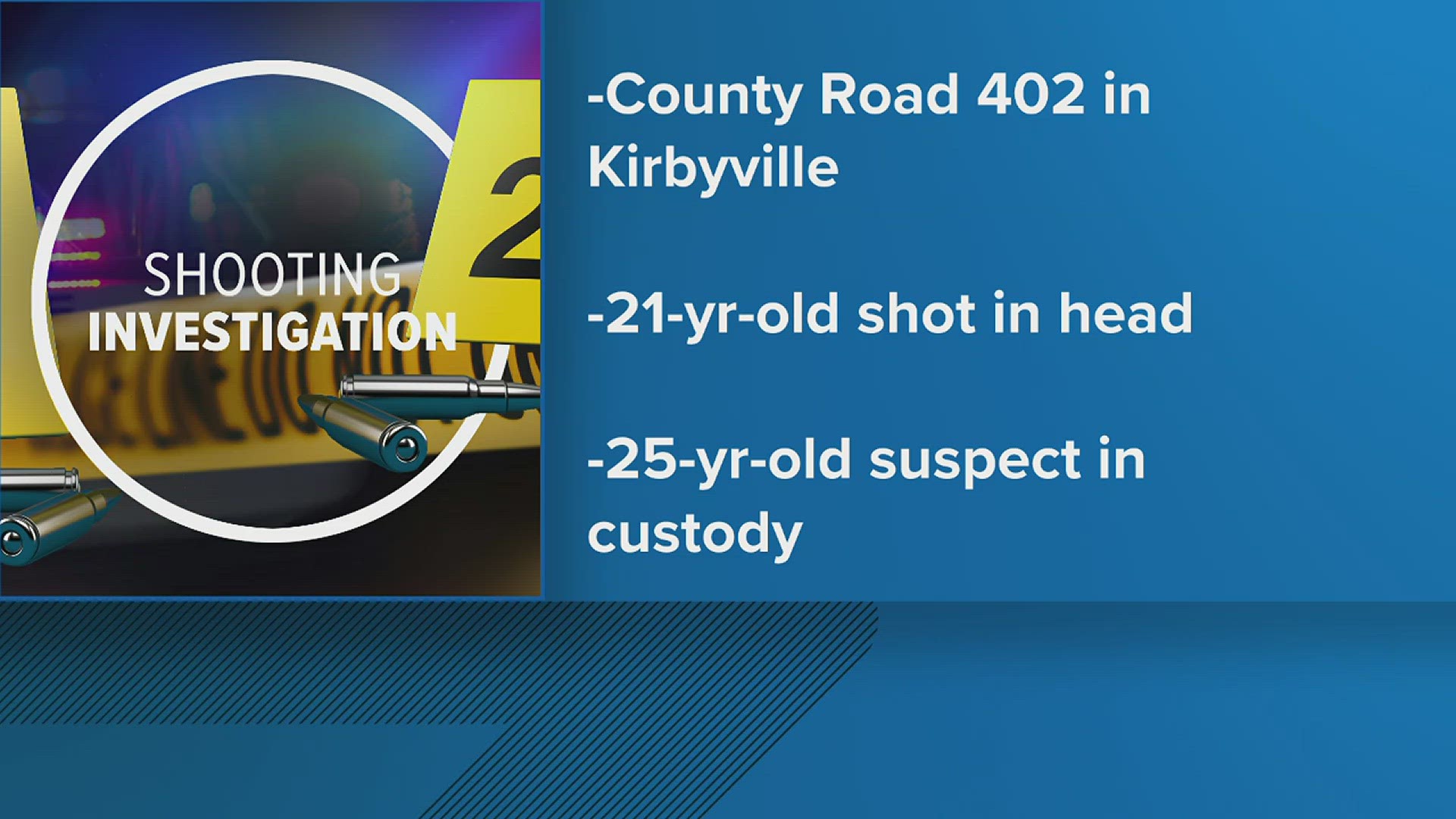 A 25-year-old man is in custody on unrelated charges after a Saturday shooting in Kirbyville left a man in critical condition.