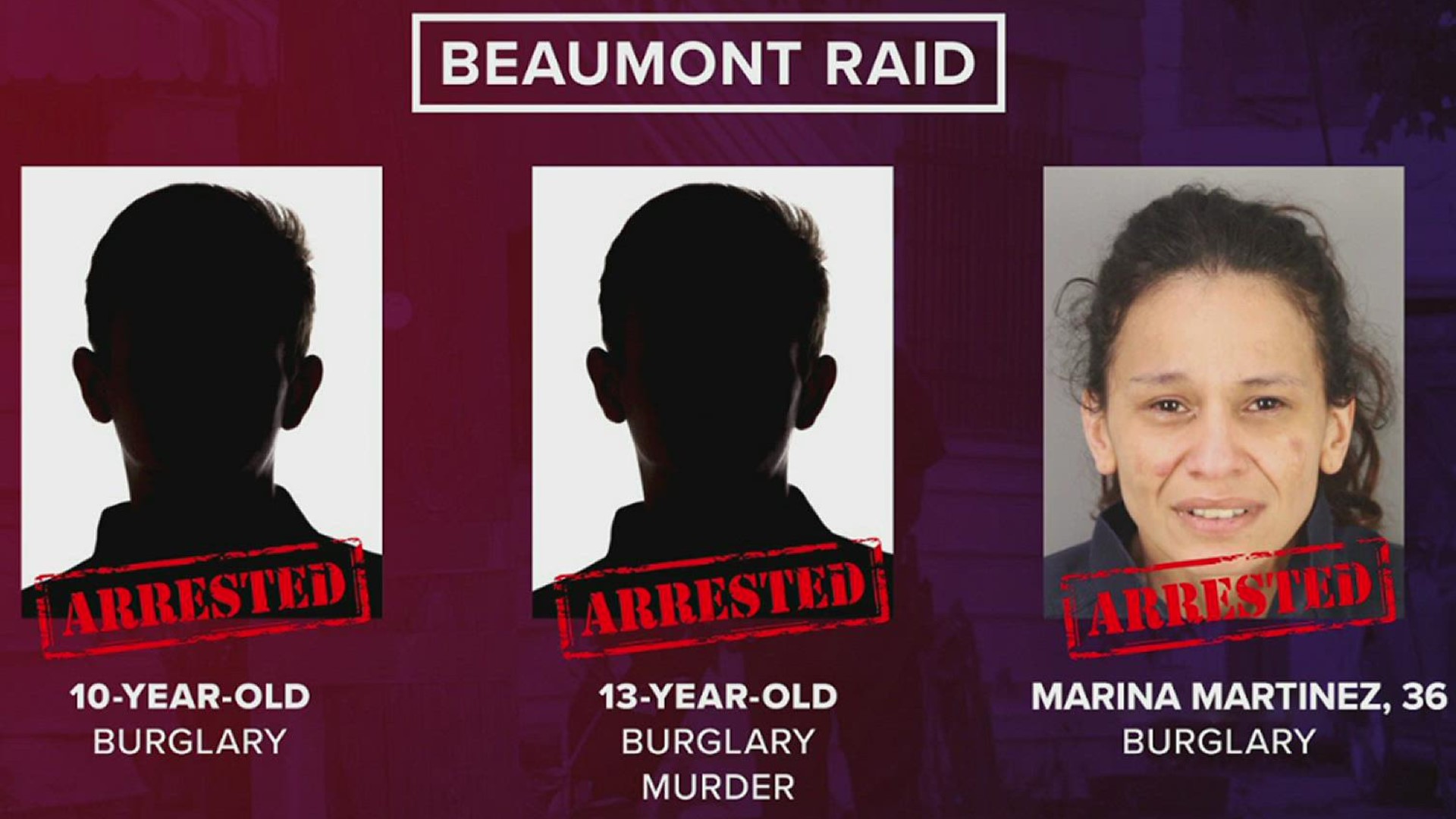 A 10-year-old boy was arrested for a muder and burglary warrant police say. A 13-year-old boy and a woman were also arrested on burglary charges.
