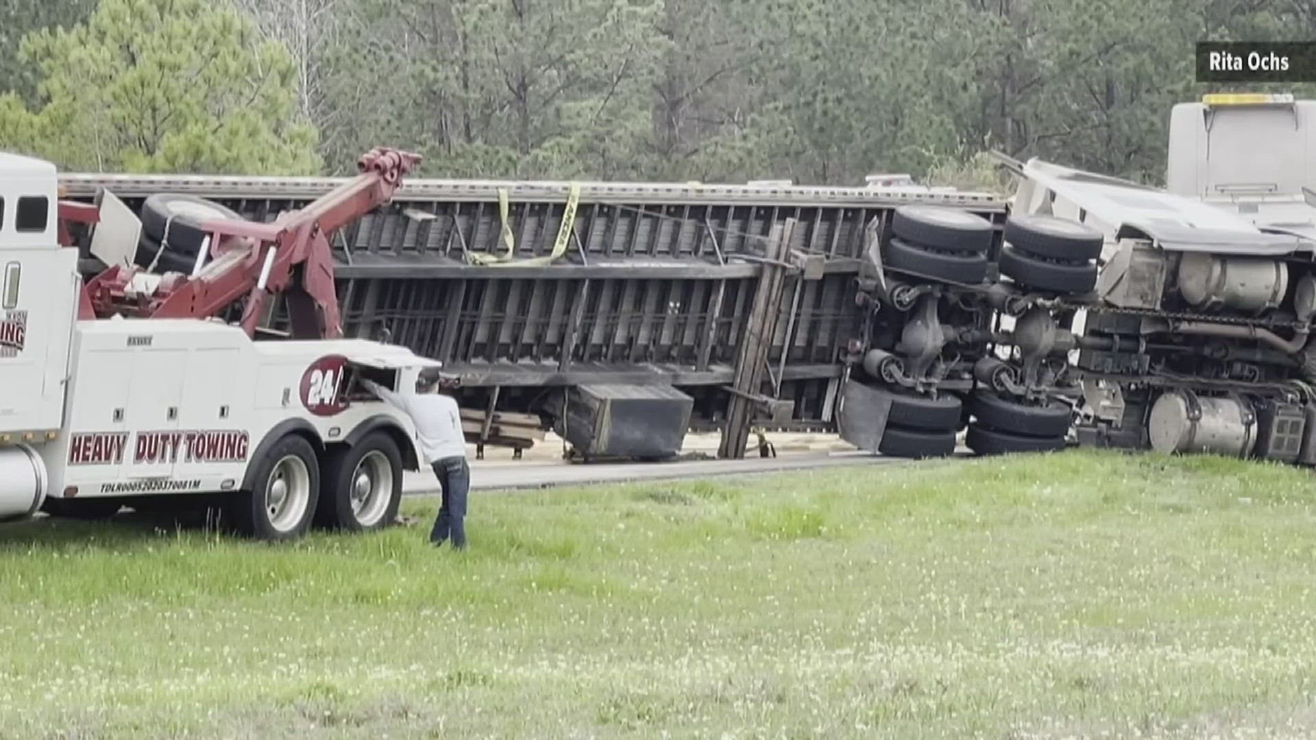 The driver of the 18-wheeler was transported to a hospital with non-life threatening injuries