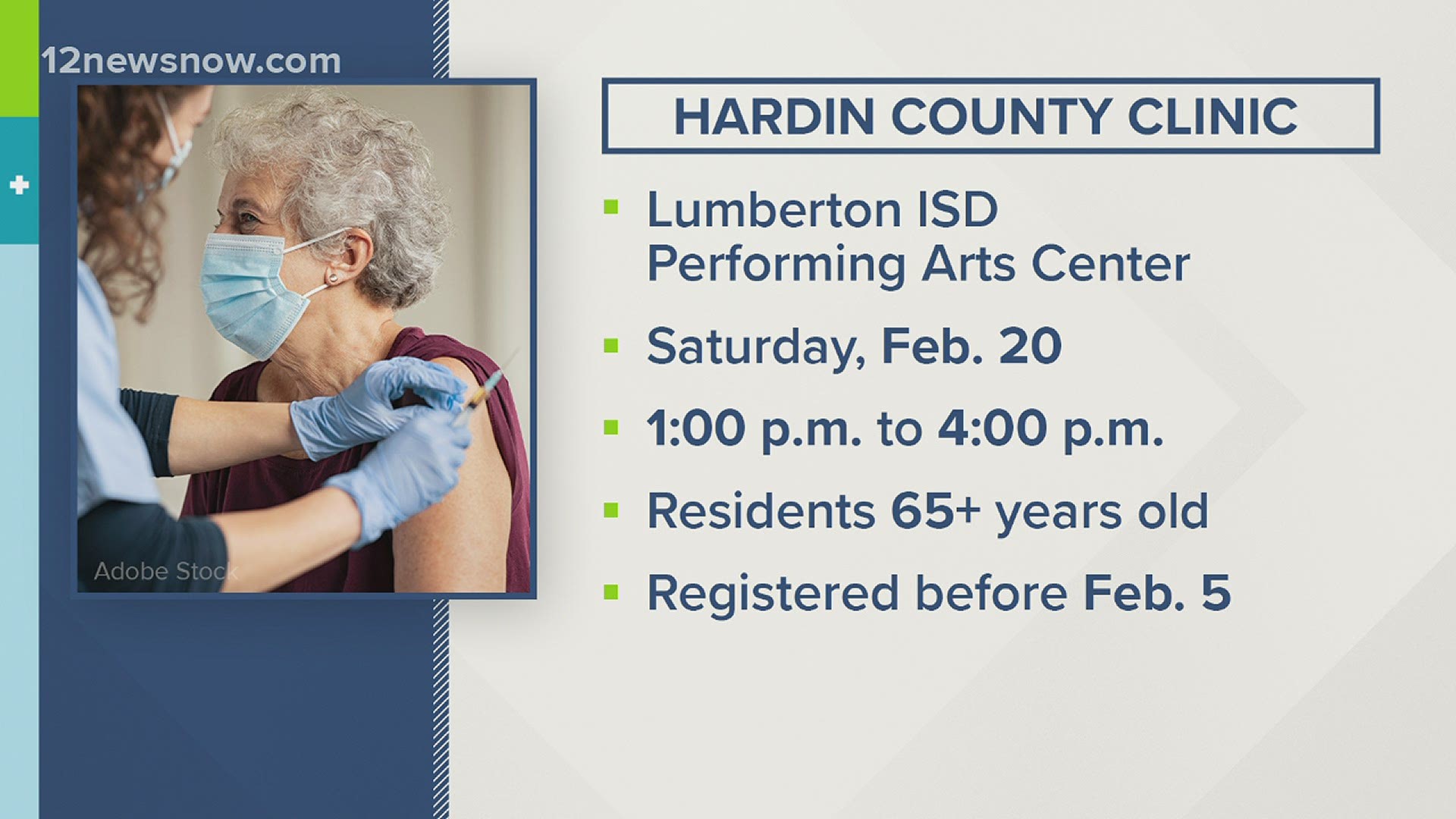 People 65 + over who registered before Feb. 5 can stop by the Lumberton ISD Performing Arts Center Saturday if they missed their 1st dose due to the winter weather.