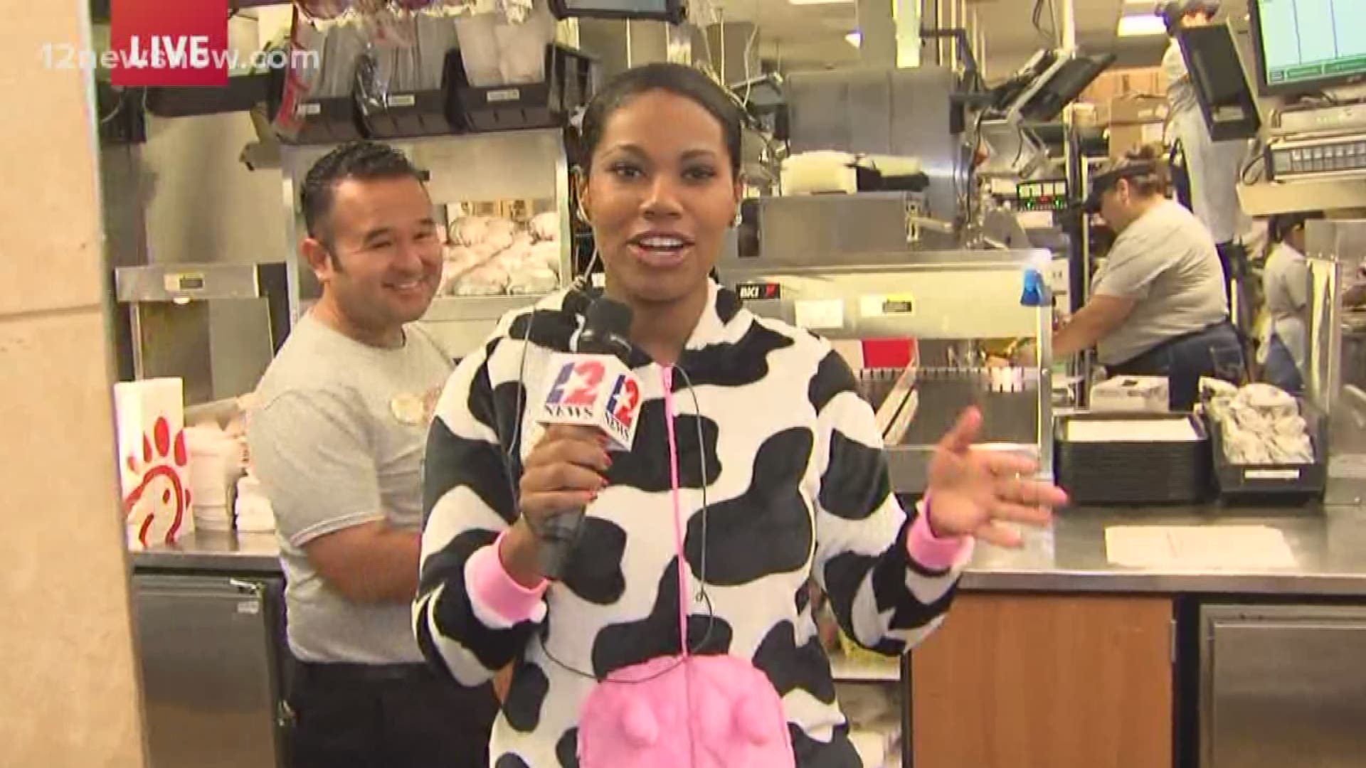It's Cow Appreciation Day at Chick-Fil-A. 12News reporter Rachel Keller is behind the counter as the staff prepares.