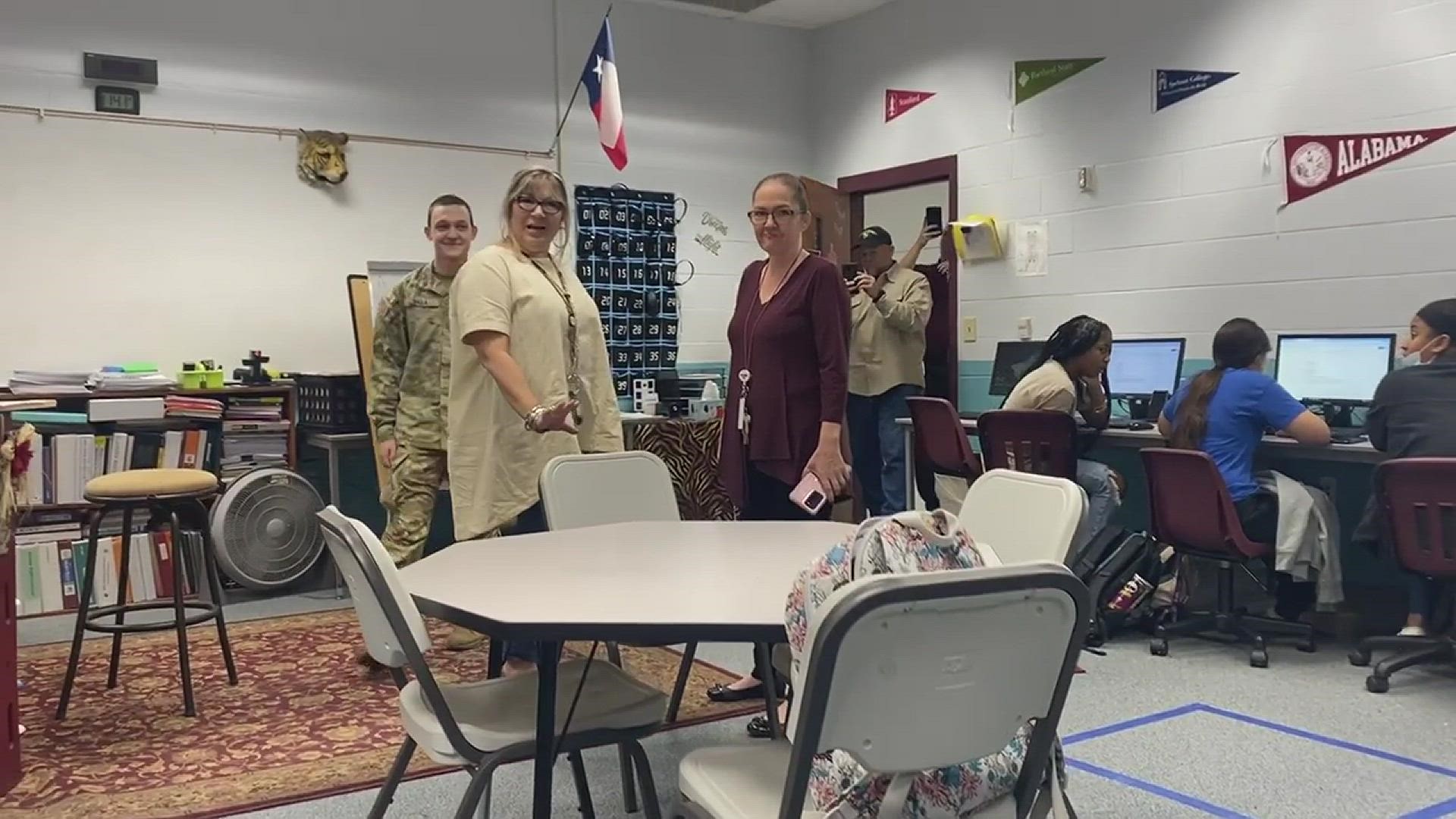 Tears were flowing in a Silsbee High School classroom Wednesday after an active-duty soldier with Southeast Texas roots paid his mother a surprise visit.