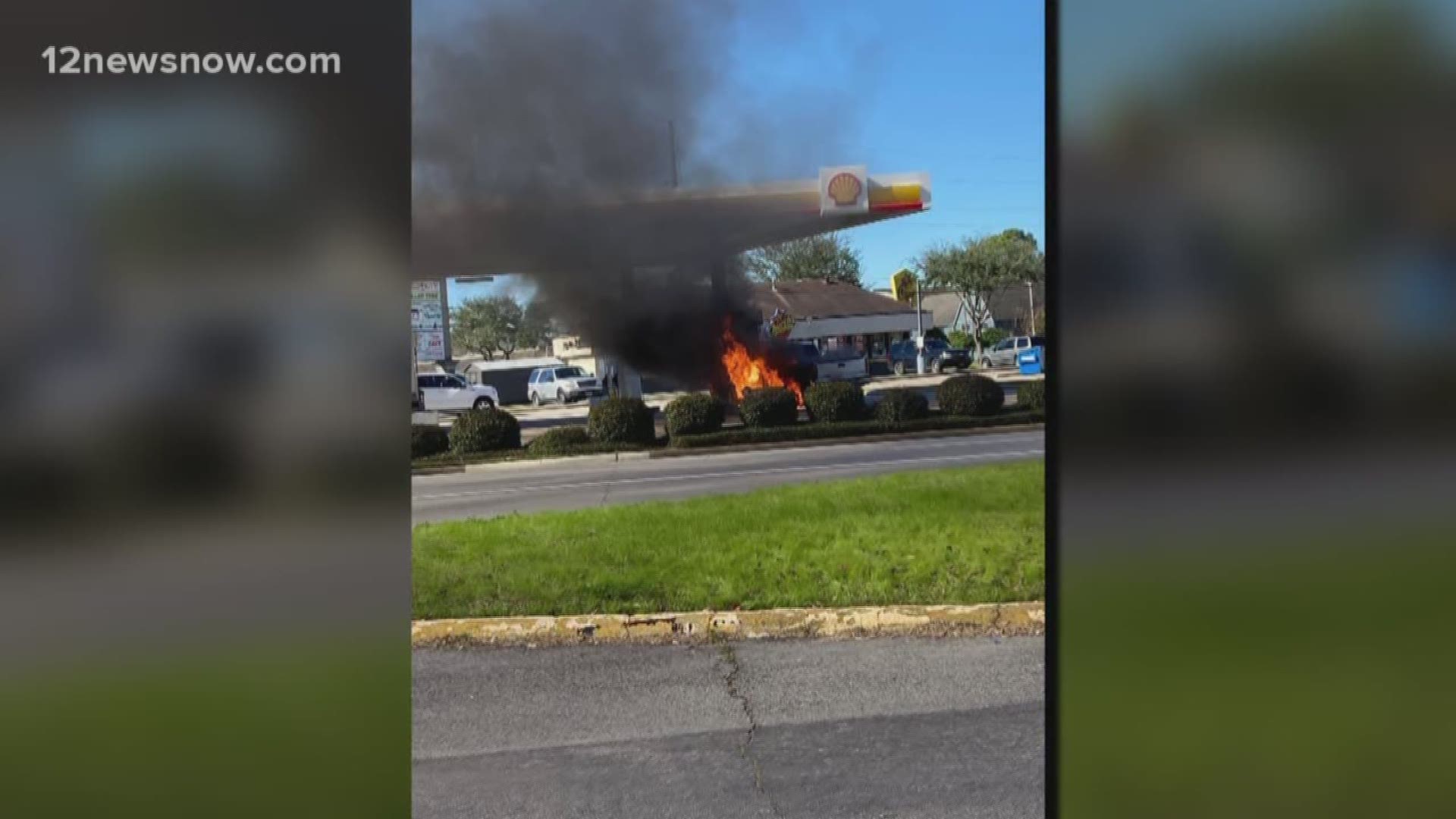 Truck ignites while man pumps gas at Beaumont Shell station