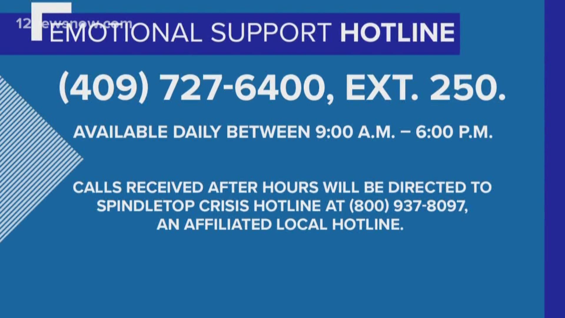 The emotional support hotline can be reached by calling (409)-727-6400, ext. 250 and will be available daily between 9 a.m. and 6 p.m.