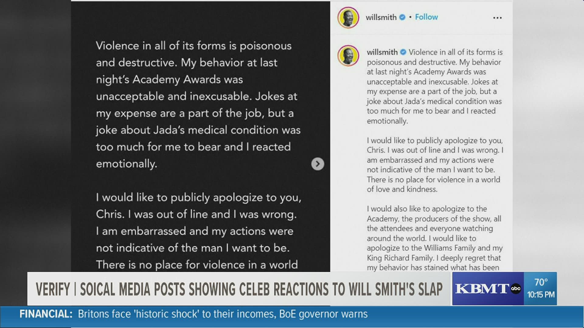 Will Smith has since released a public apology to Chris Rock stating he was, "out of line and wrong."