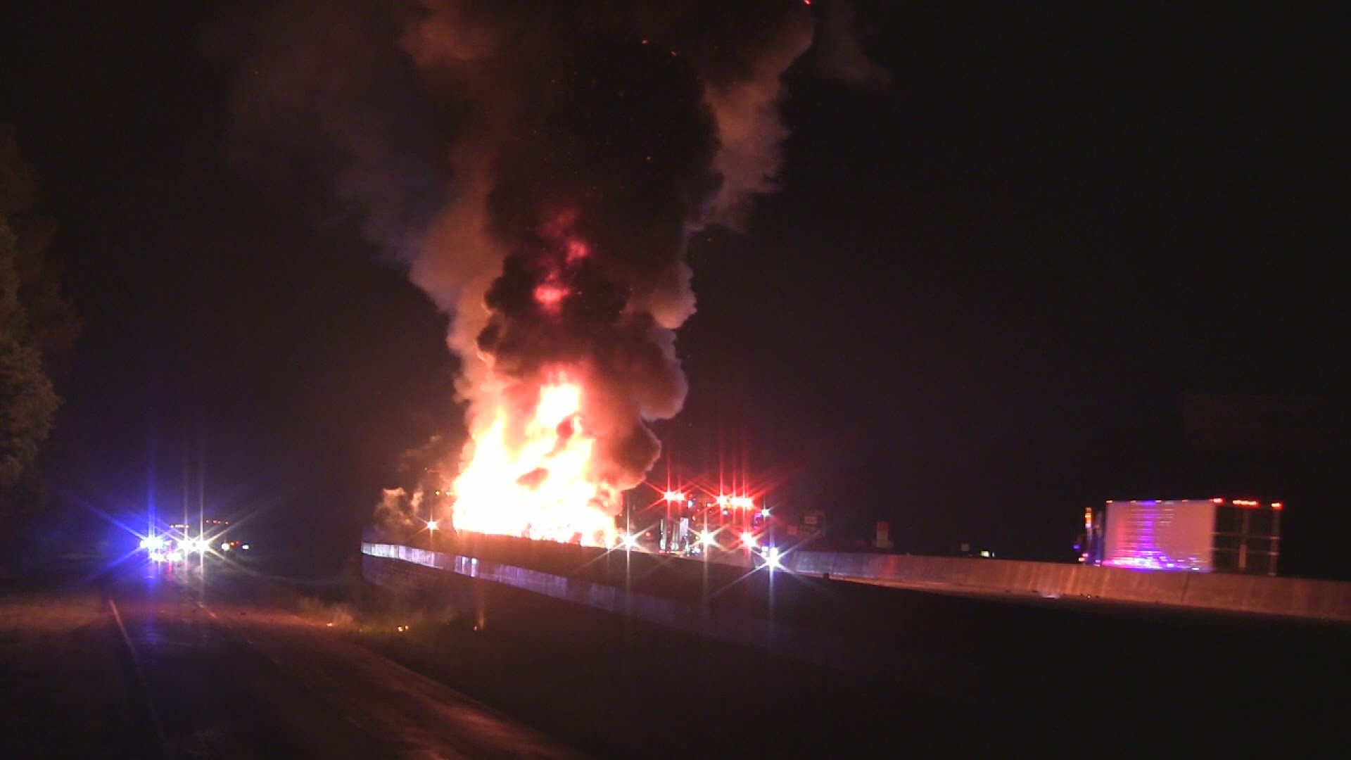 18-wheeler engulfed in flames along interstate in Orange County