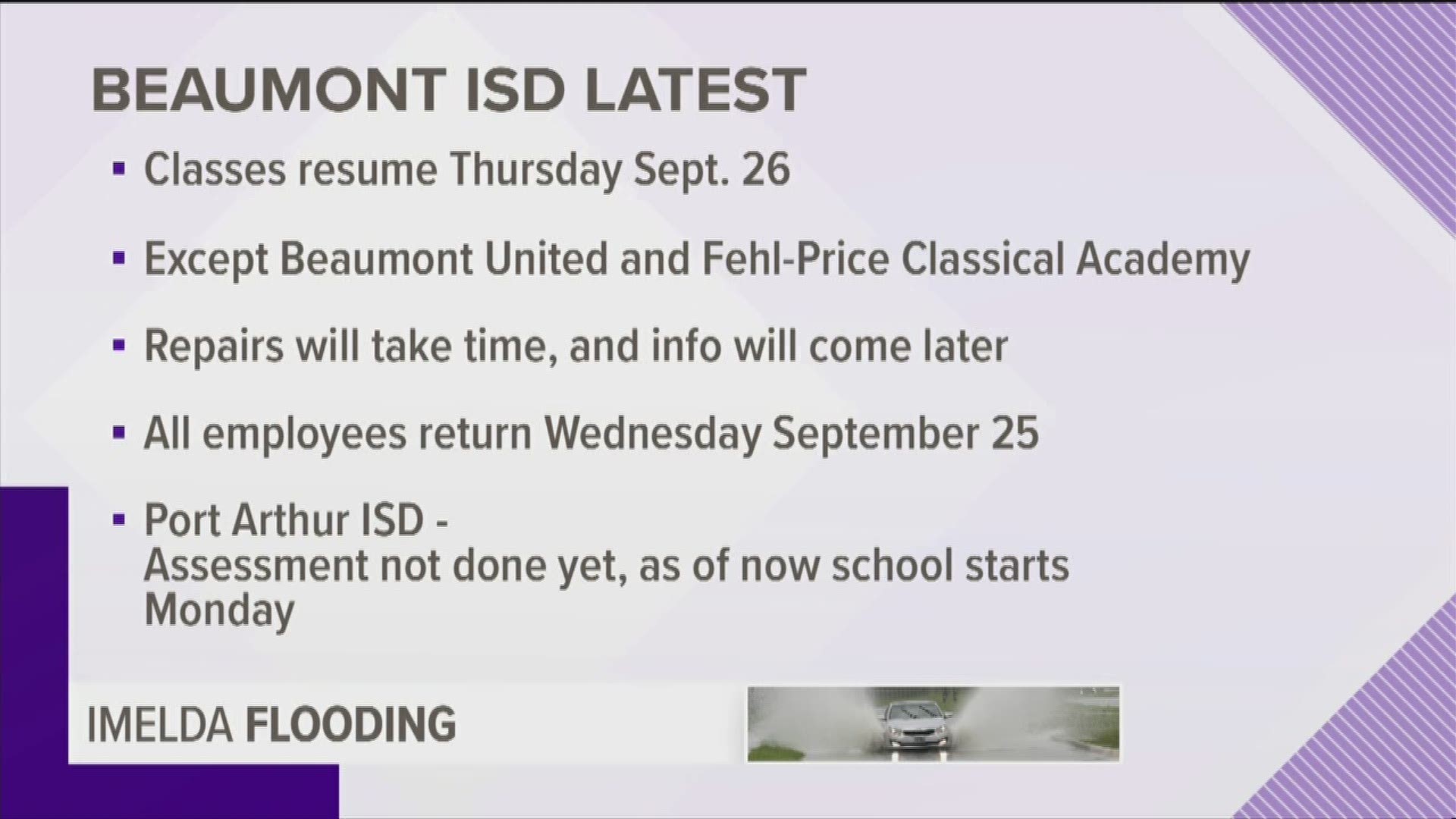 Classes in Beaumont ISD will not resume until Thursday, Sept. 26 except Beaumont United High School and Fehl-Price Classical Academy.