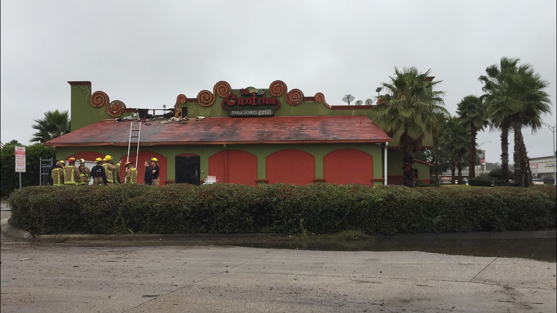 La Cantina Mexican Grill's roof lit up with flames Saturday morning in