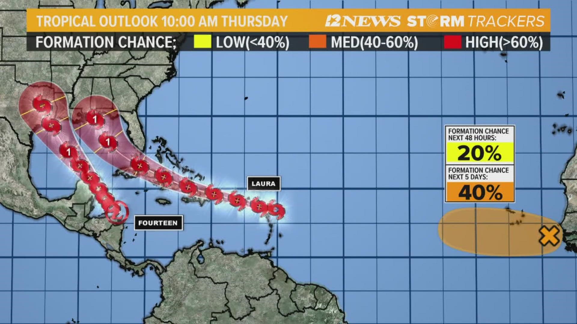 Just after 8 a.m. Friday, the National Hurricane Center announced that Tropical Storm Laura had formed. When TD 14 becomes a storm, as forecast, it will be "Marco."