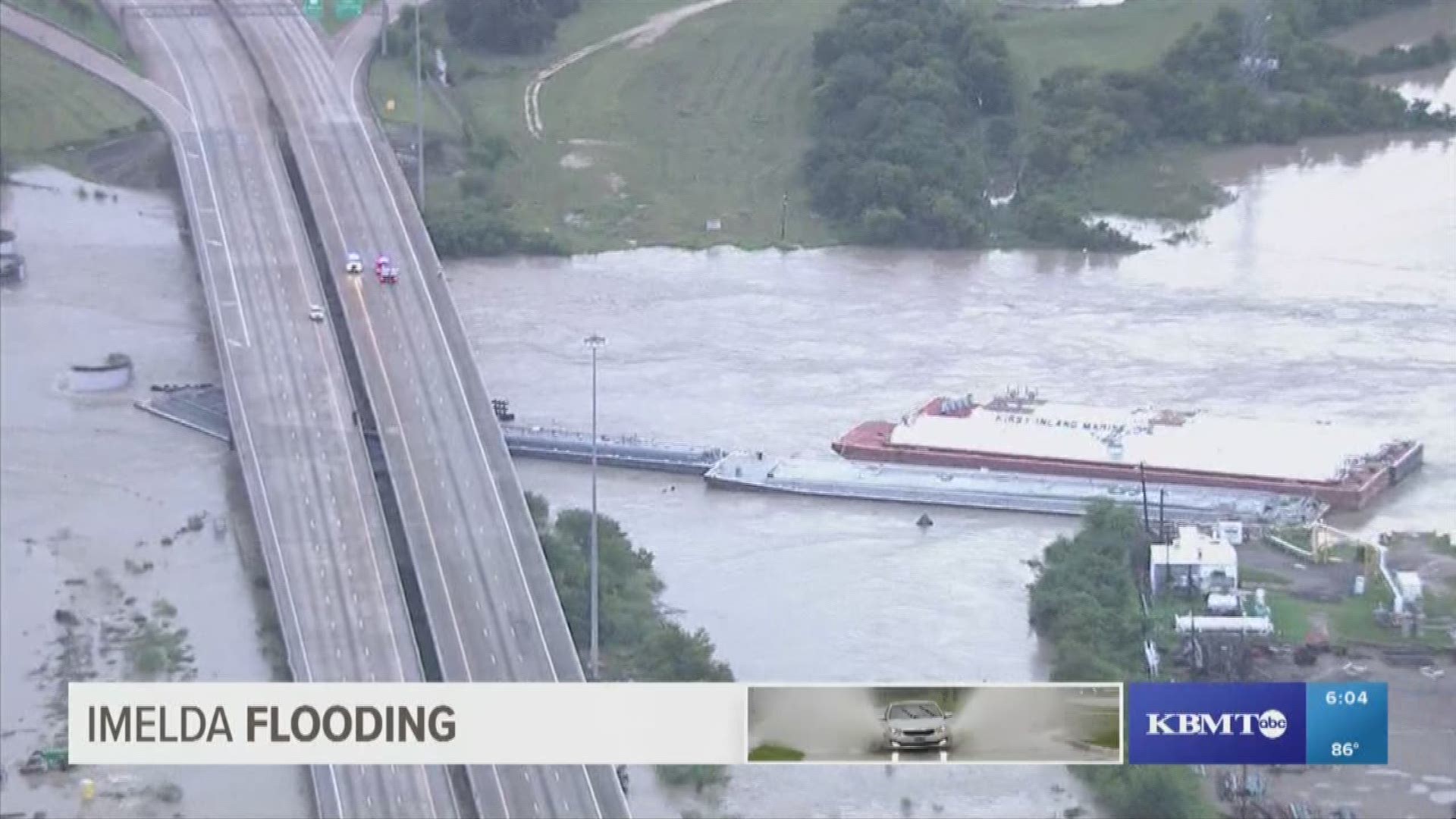 I-10 is shut down in both directions near the San Jacinto River. Multiple barges broke loose as a result of the storm and struck bridges over the river.