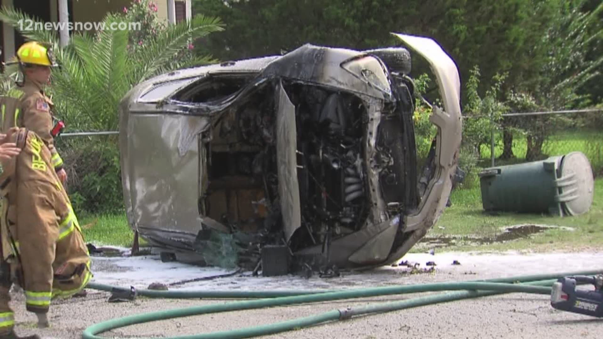 Car flips catches fire on Primrose in Beaumont