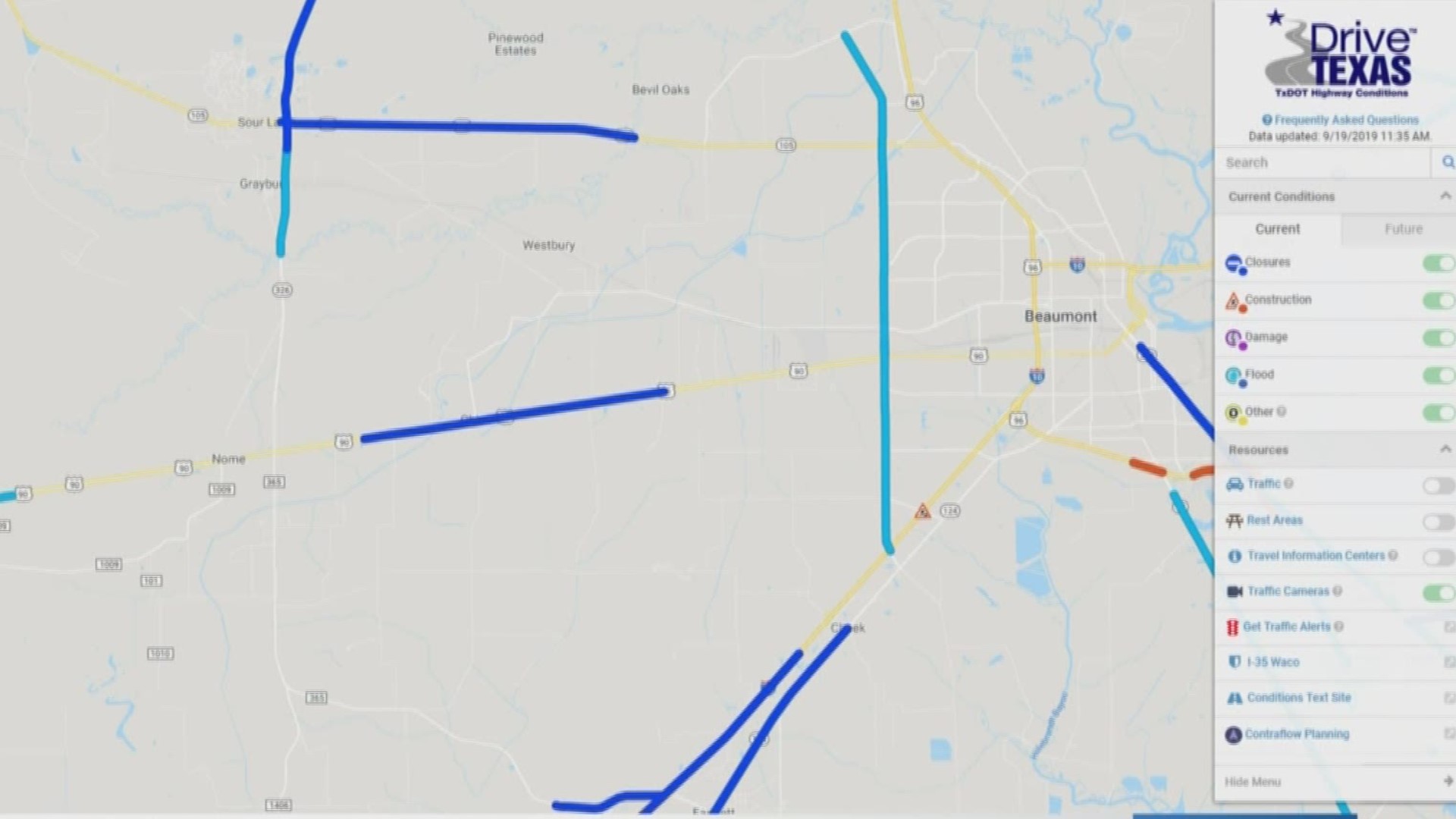 I-10 westbound traffic into Beaumont is being detoured north on US 69. I-10 eastbound from Houston is detoured north on state highway 146.
