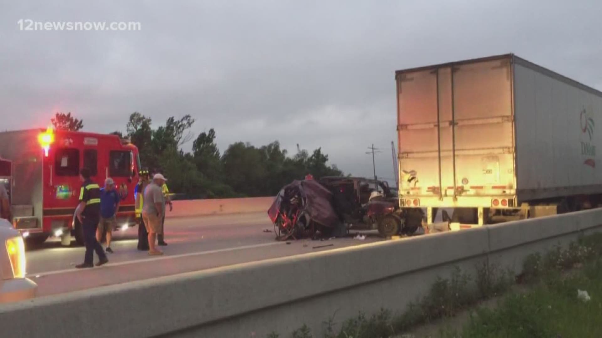 A vehicle going westbound on I-10 rear-ended a semi tractor trailer that was broken down and partially blocking the roadway.