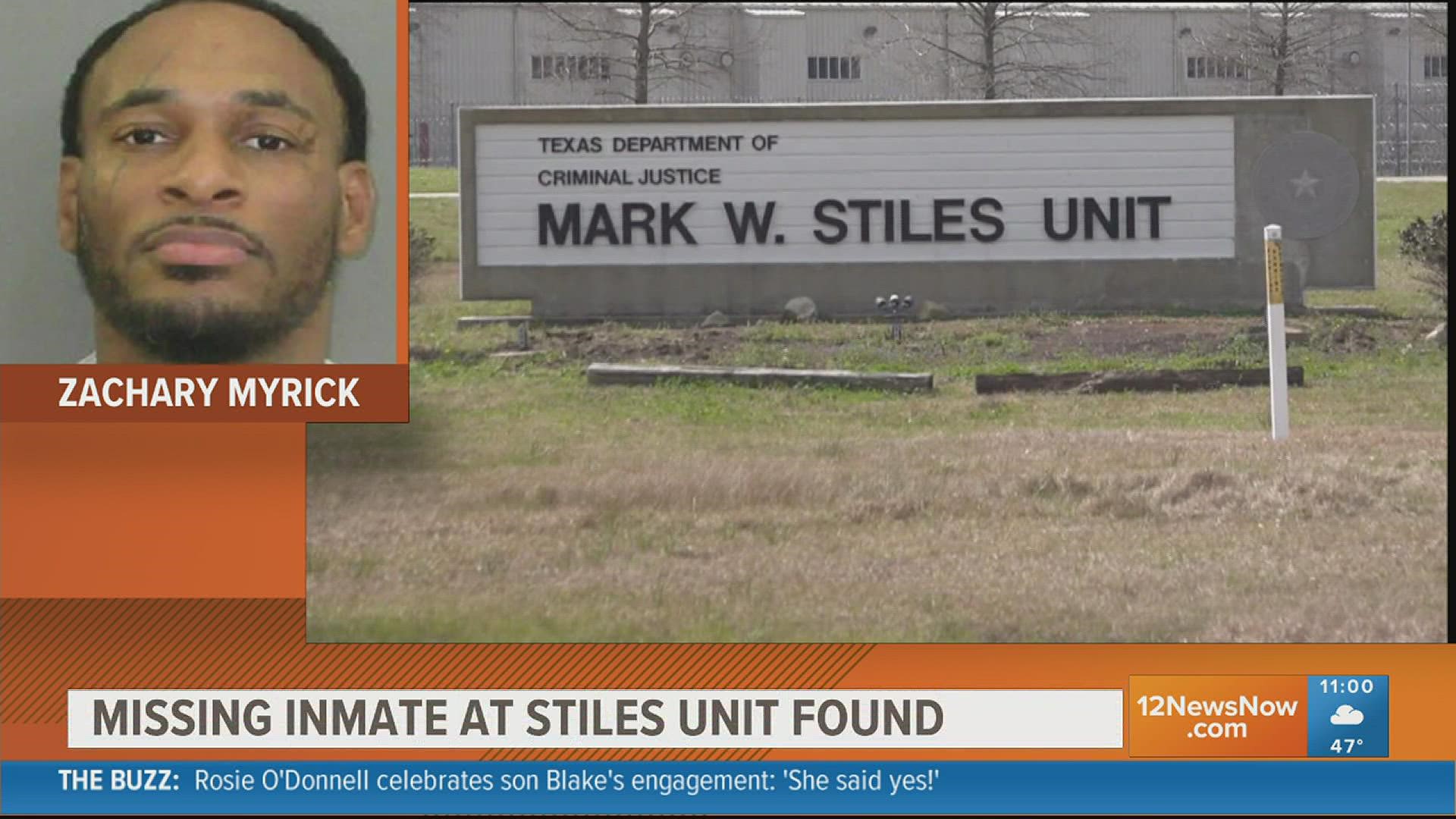 The missing inmate who triggered the search of a Texas prison and its grounds just south of Beaumont Tuesday morning has been located.