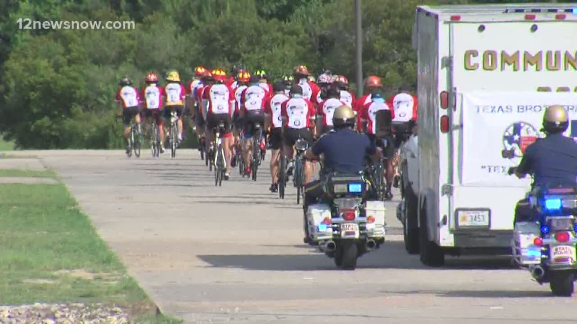 The Texas Brotherhood Ride, a long distance bike ride raising money for fallen first responders, stops in Deweyville on their way to San Antonio.