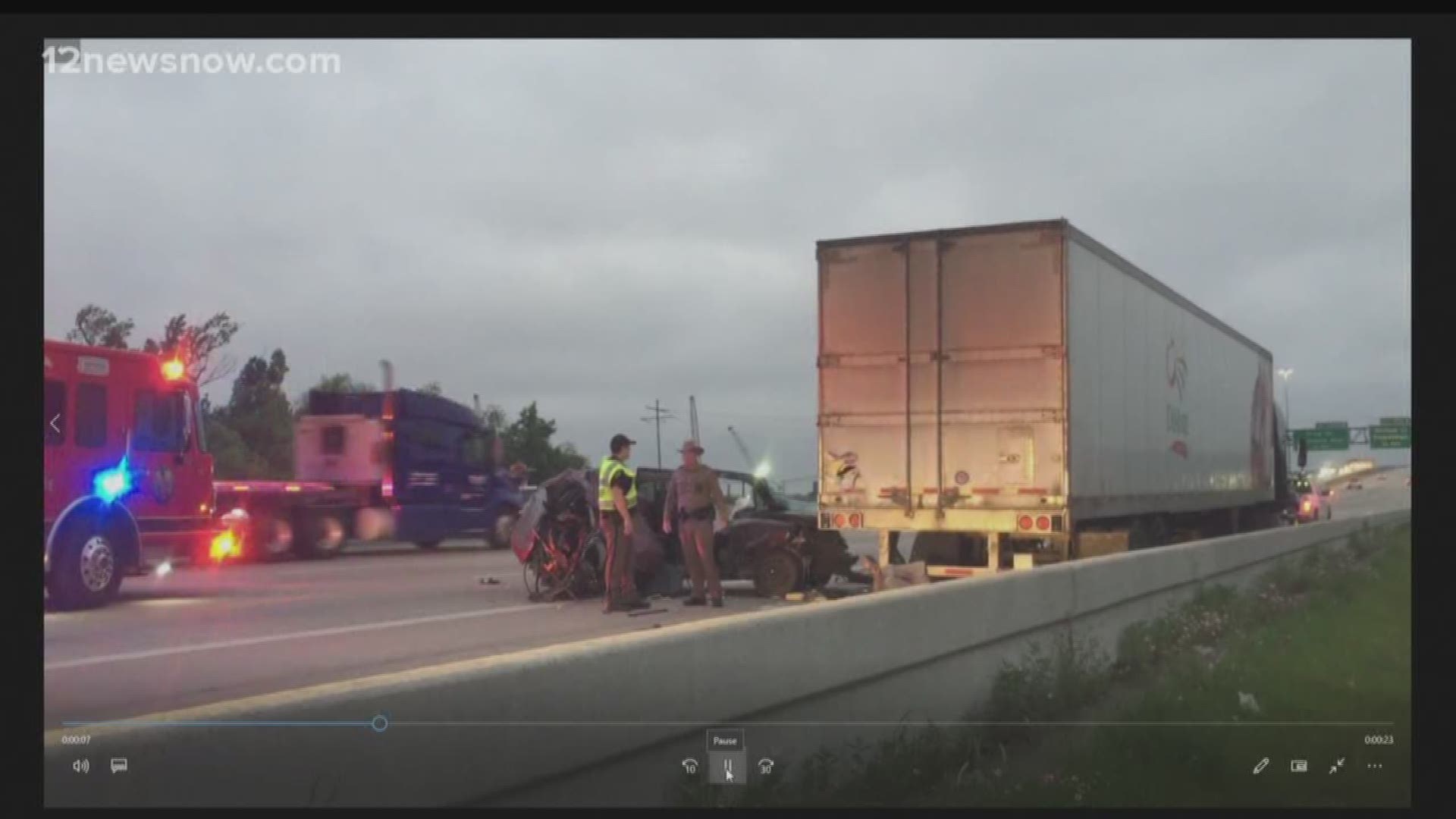 A vehicle going westbound on I-10 rear-ended a semi tractor trailer that was broken down and partially blocking the roadway.