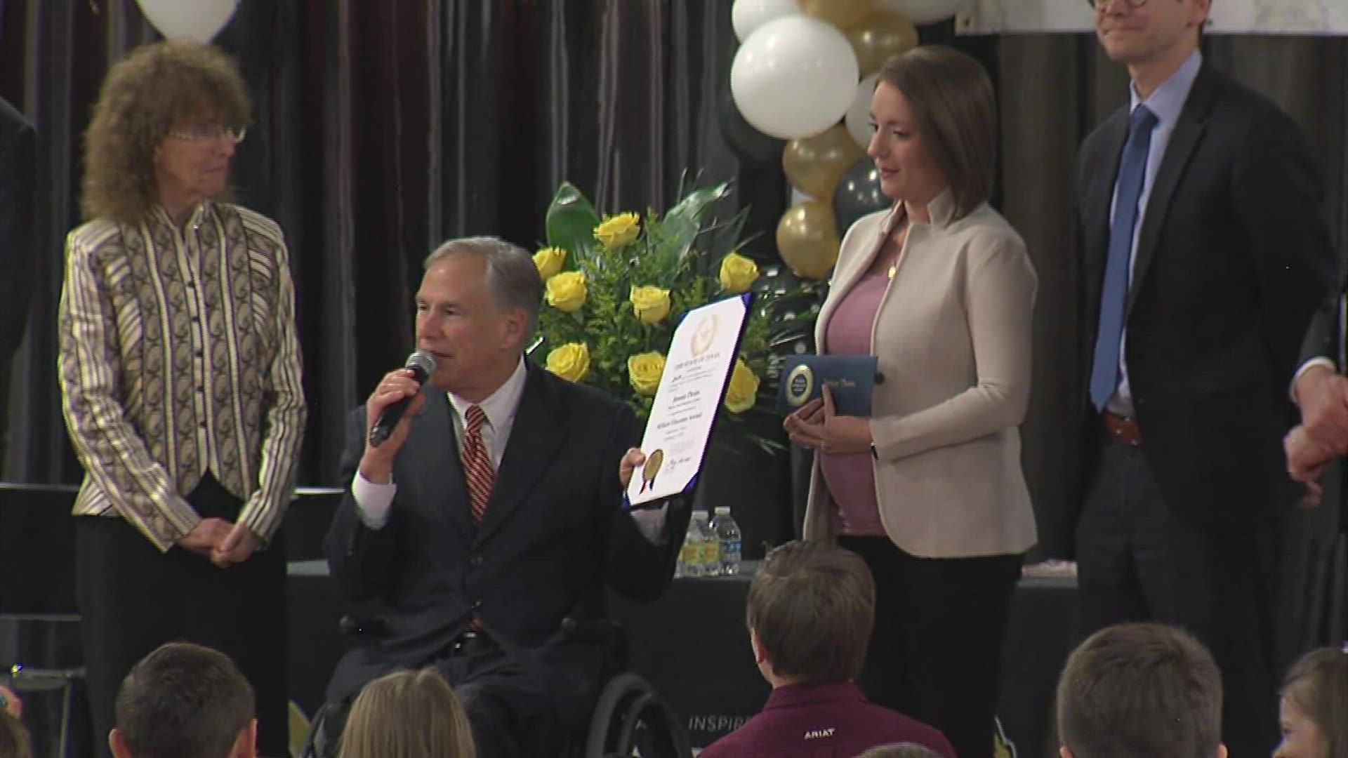 Texas Governor Greg Abbott announced Thursday morning in front of the Helena Park student body that Jenna Dean was the winner of a 2023 Milken Educator Award.