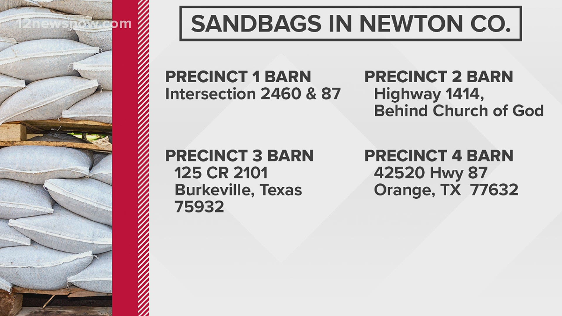 Sandbags are available in Jasper, Newton, Orange and Hardin counties.