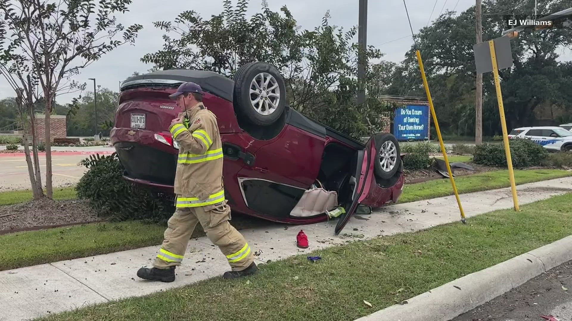 The driver lost control of their car, went airborne, hit a sign, and caused the car to rollover. Once the vehicle landed, the driver led deputies on a foot chase.