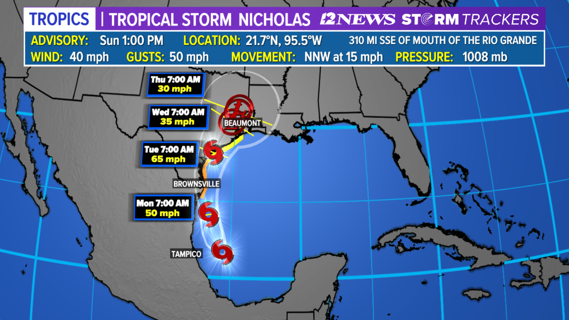 Tropical Storm Nicholas expected to make landfall in the central Texas