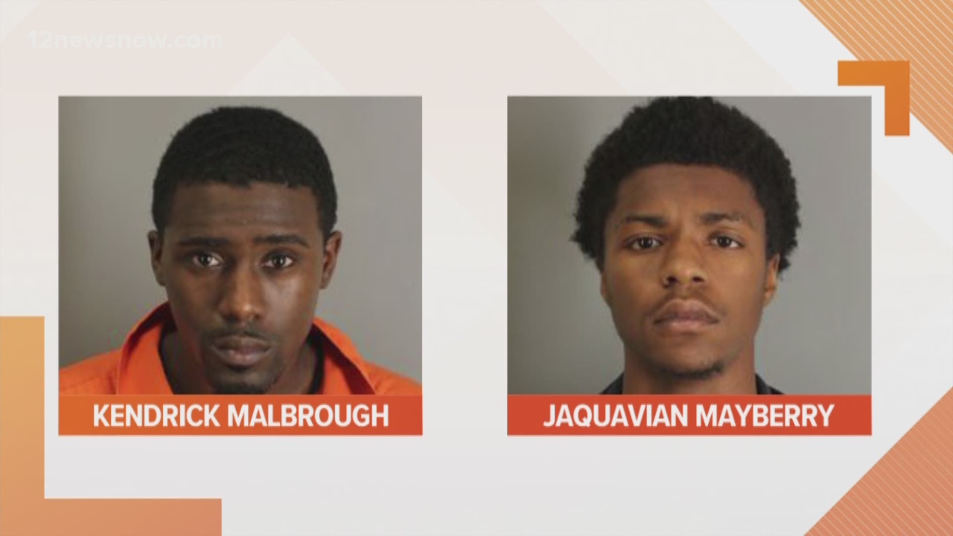 Kendrick Marlbrough, 22, of Beaumont and Jaquavian Mayberry, 19, of Beaumont were arrested Wednesday afternoon after a Beaumont Police officer spotted the two men in a stolen vehicle. 