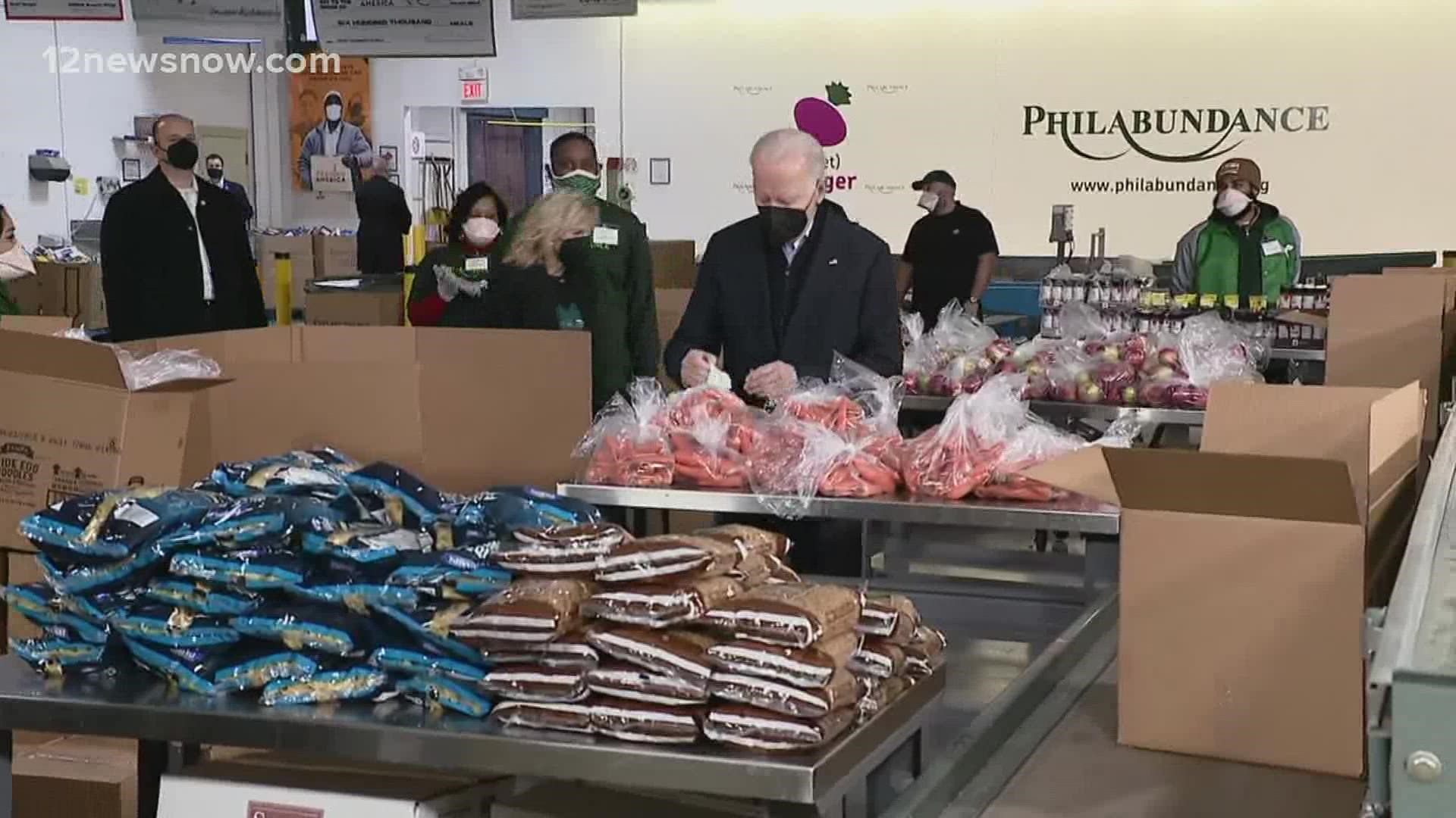 The Biden's helped pack boxes for a hunger relief organization.