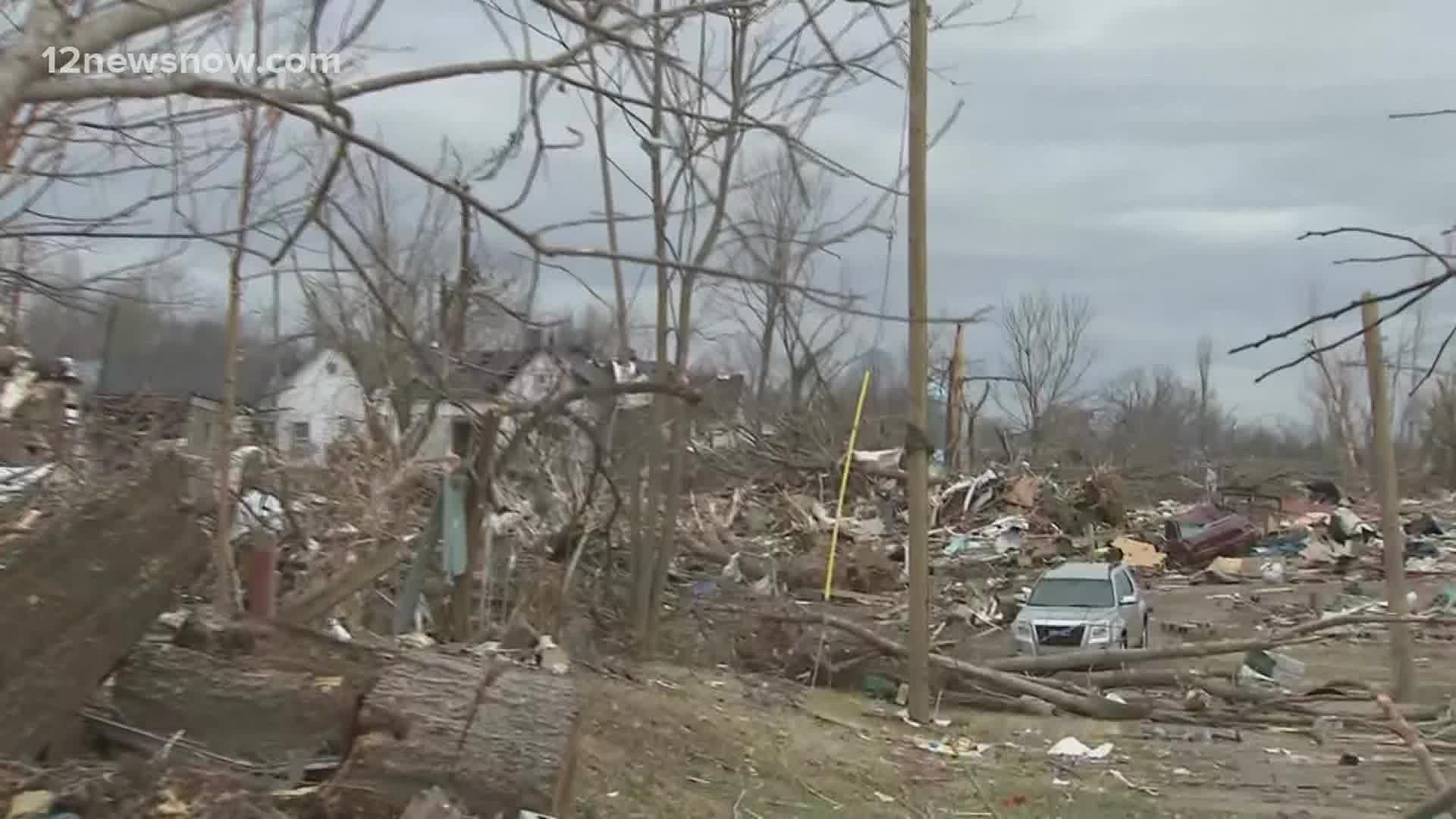 Biden is expected to give news about federal assistance after deadly tornadoes swept through the area.