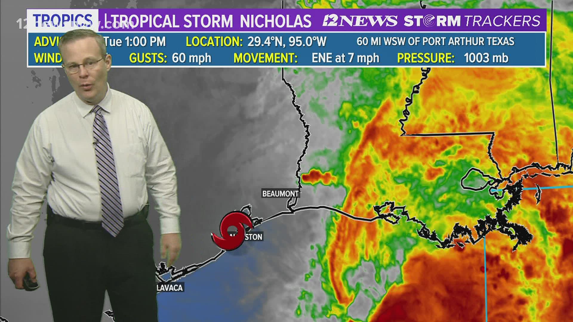 The latest as tropical storm Nicholas moves eastward to Louisiana.