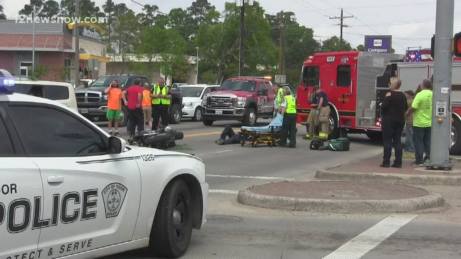 The Vidor officer said the pick-up truck was traveling west bound on the I-10 service road when it ran a red light and hit a motorcyclist traveling north bound on FM 105.