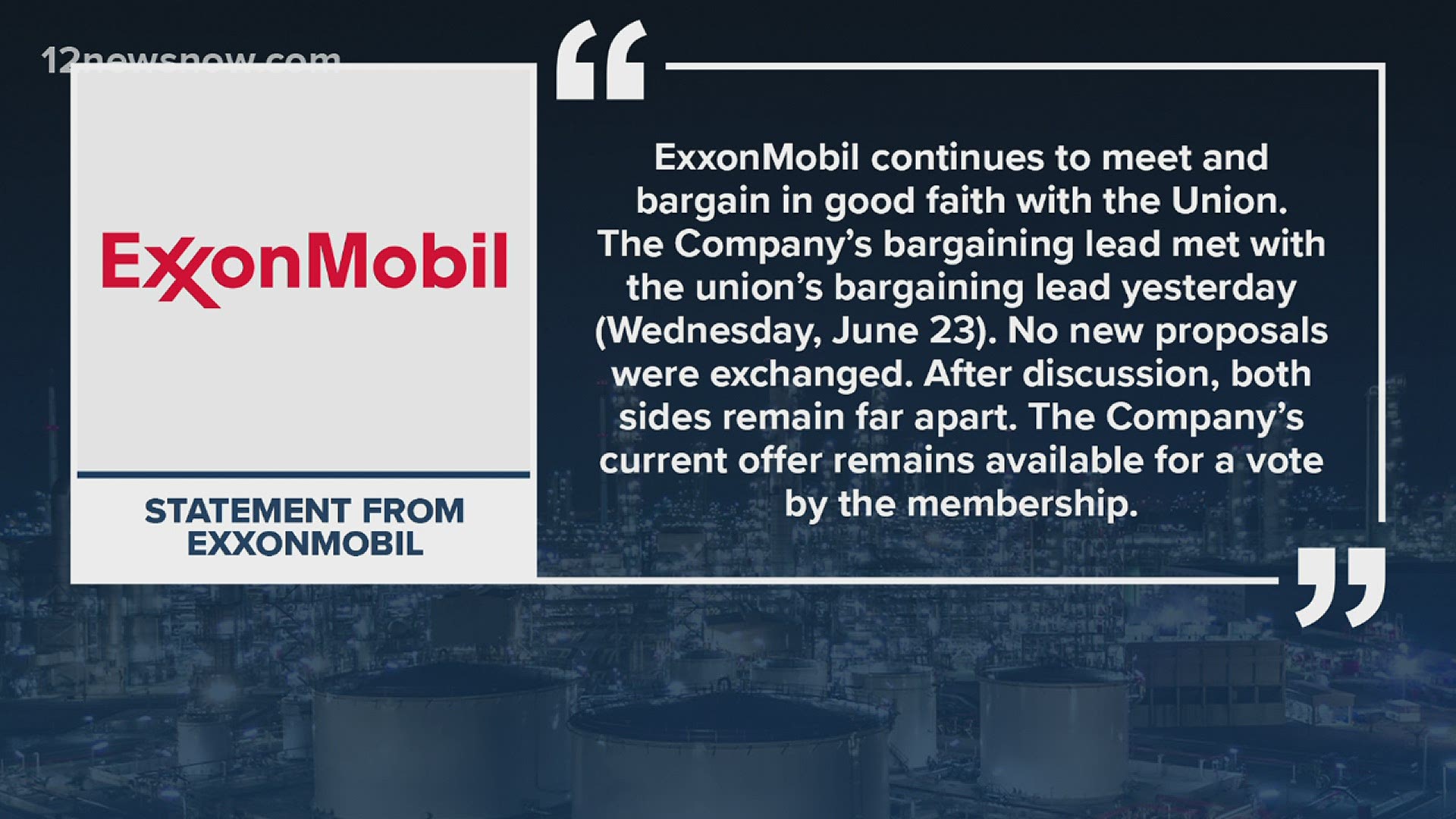 An ExxonMobil representative says after the Thursday meeting, both sides still remain far apart.