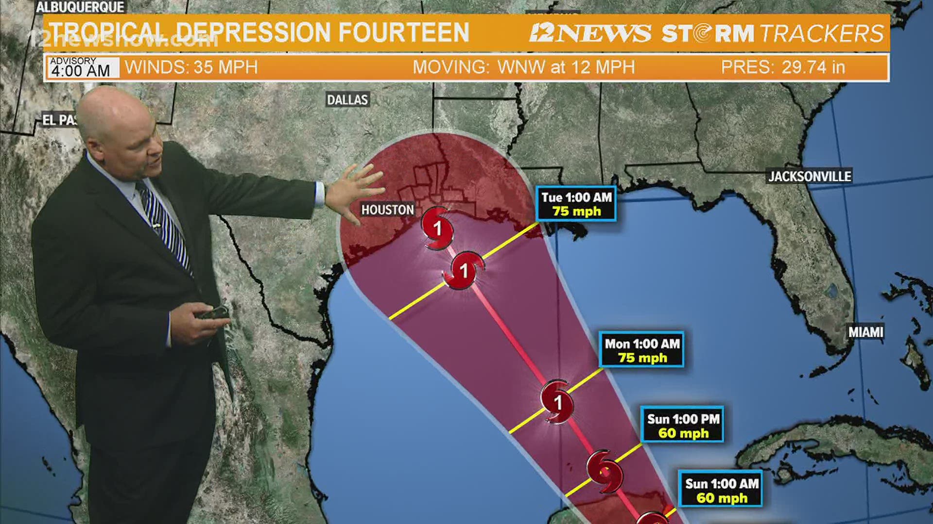 As of the NHC's 4 a.m. advisory, the system is close to becoming a tropical storm. Its winds are still around 35 mph right now.