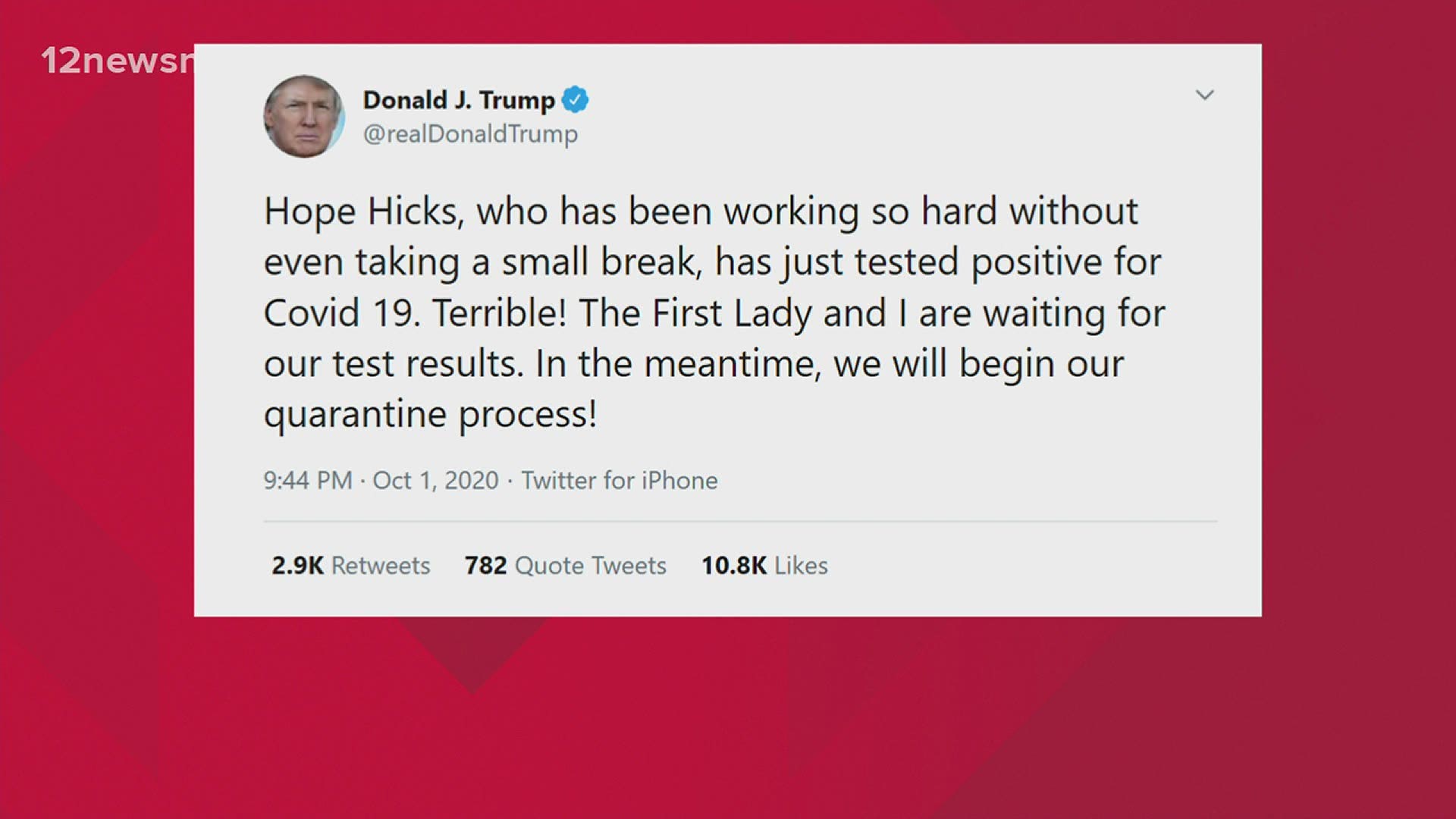 Trump tweeted on Thursday after the news of Hope Hicks' positive test result