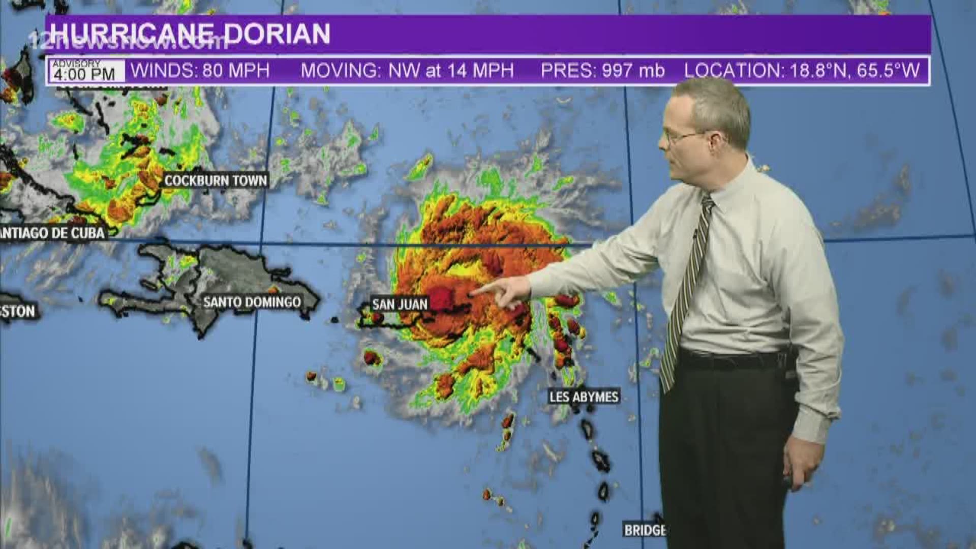 Hurricane Dorian has strengthened to 80 mph.