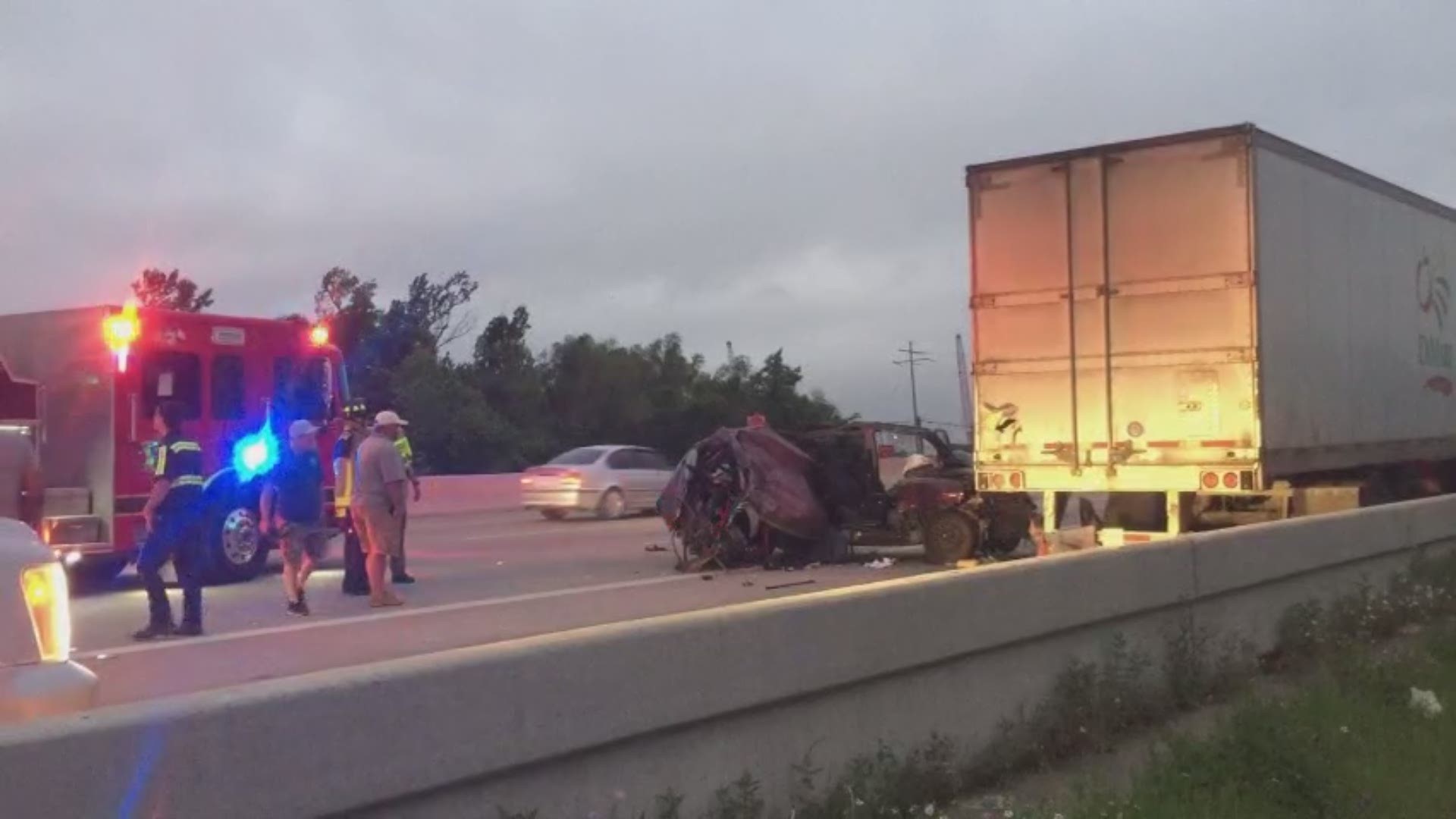 A vehicle going westbound on I-10 rear-ended a semi tractor trailer that was broken down and partially blocking the roadway.