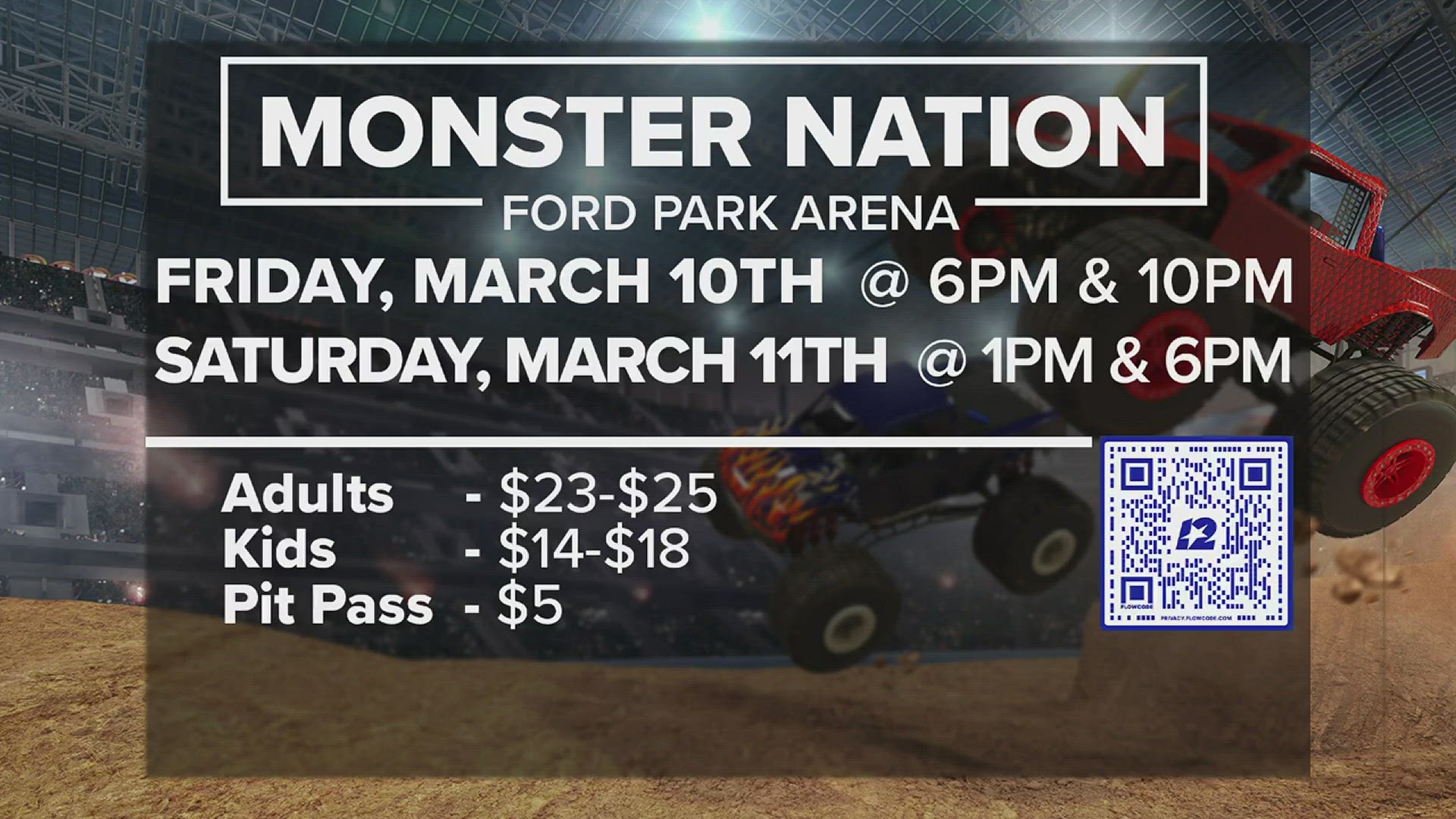 The rumble is going to feature six 10,000 pound monster trucks. Monster truck "Dirt Crew" is looking to defend the monster nation freestyle and racing title.