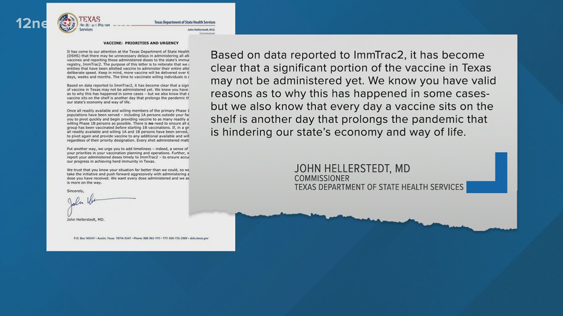 A letter issued by Dr. Hellerstedt is urging entities with the vaccine to quickly administer them to end the pandemic as quickly as possible