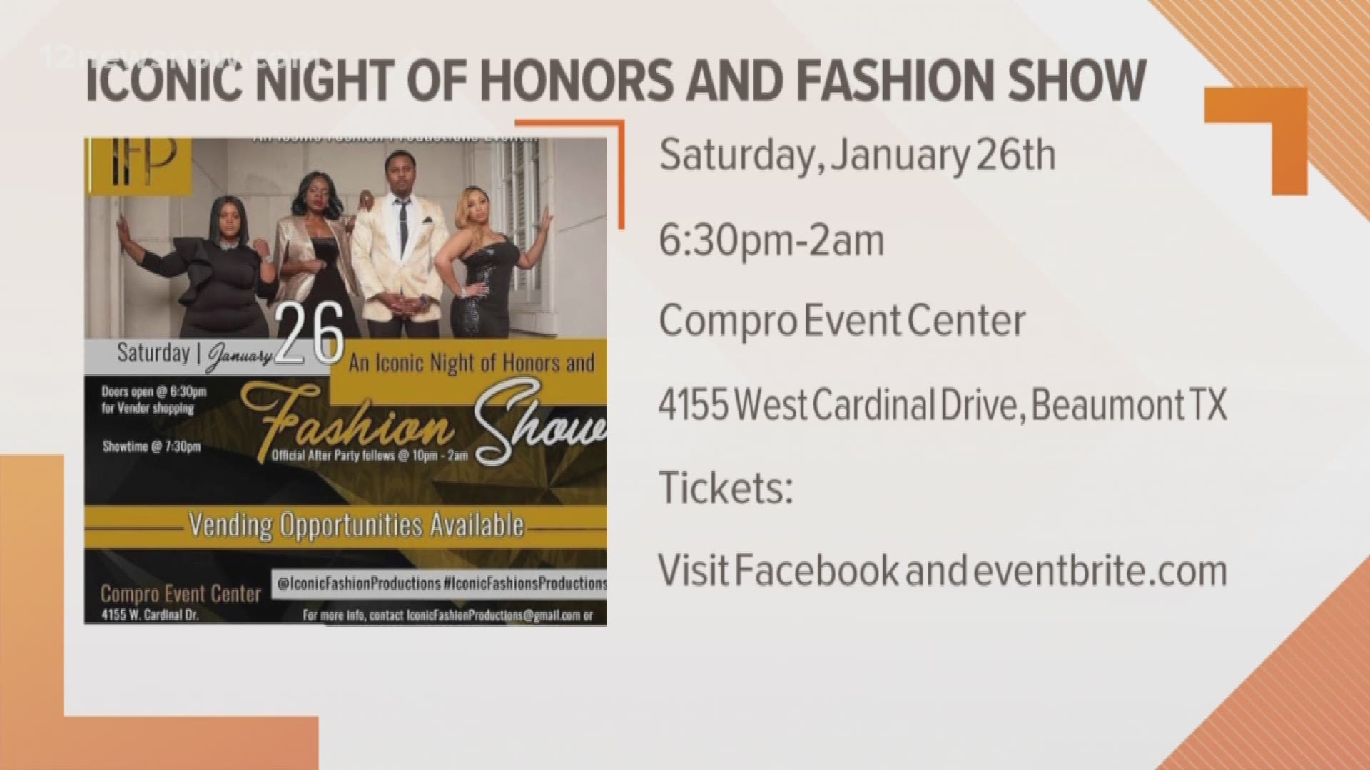 The show will have a special guest host, Irvin Randle, known on social media as "Mr. Steal Your Grandma", who went viral in 2016 with his own stylish photos. The event will be held Saturday, January 26th, from 6:30 PM until 2 AM at the Compro Event Center located at 4155 West Cardinal Drive here in Beaumont. For tickets, visit Facebook and Eventbrite.com.