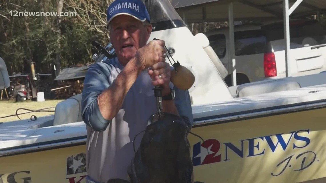 JD Batten reels in a huge catfish at Rayburn