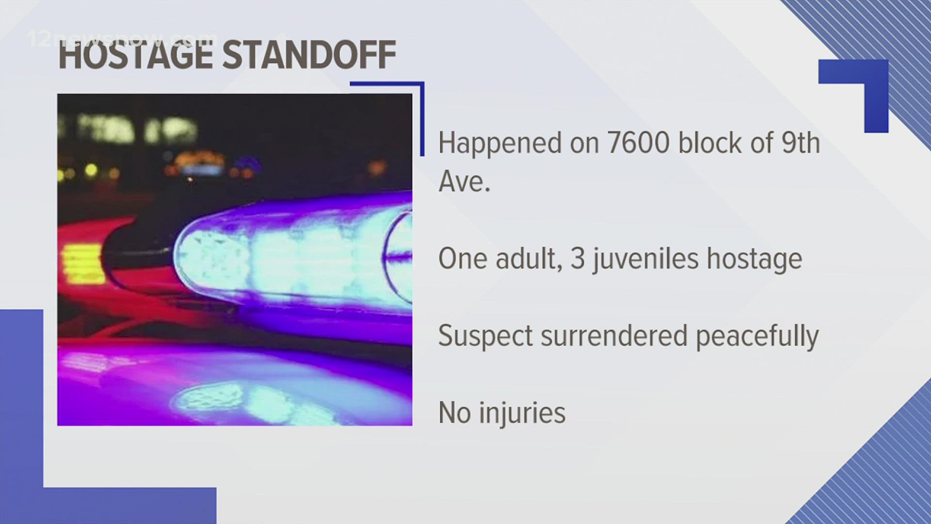 The suspect surrendered to police without incident after a three-hour long standoff. None of the victims inside were injured.