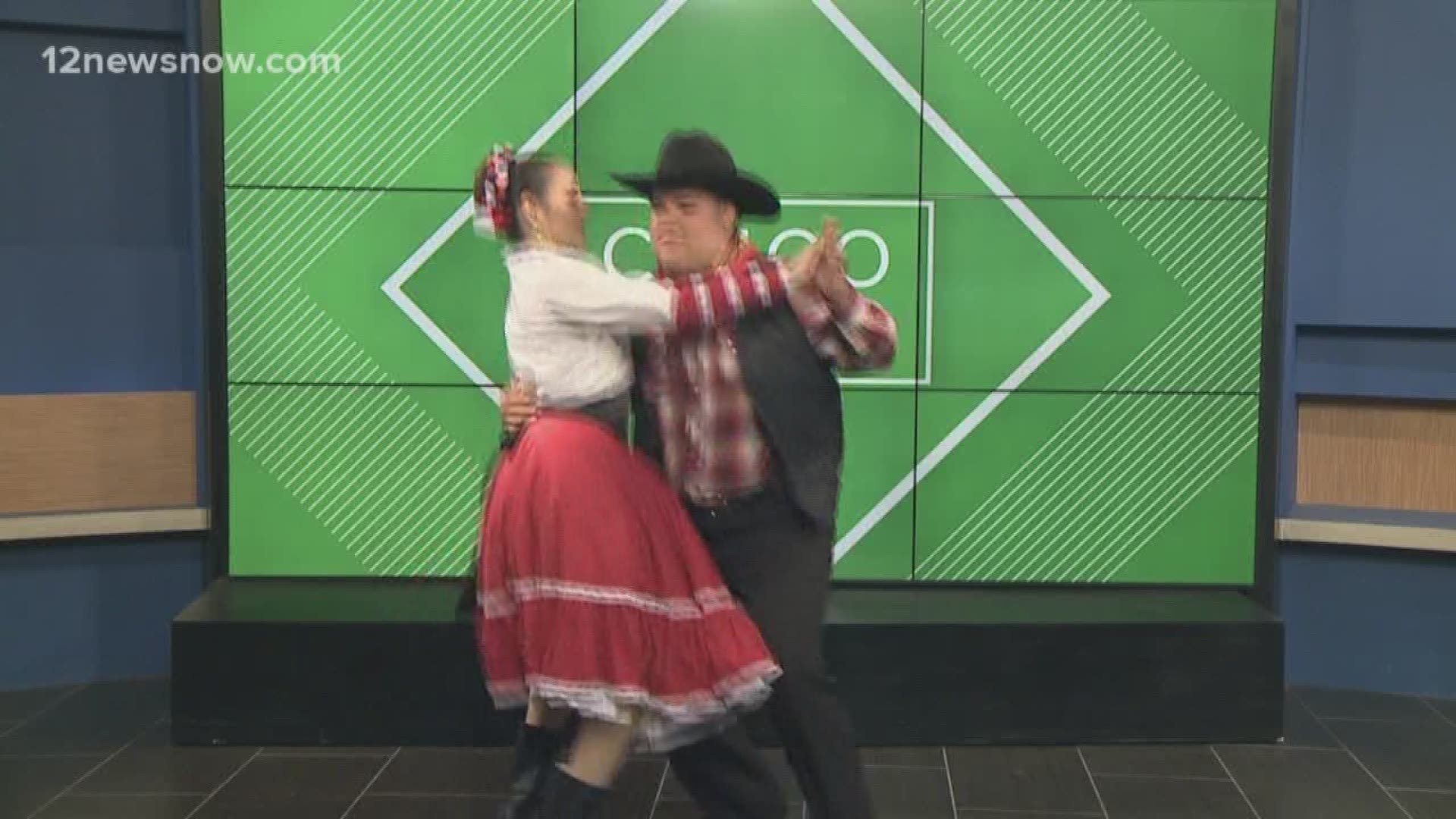Two high school students with the Mexican Heritage Society of Port Arthur showed off one of the dances they will perform for Cinco De Mayo. 