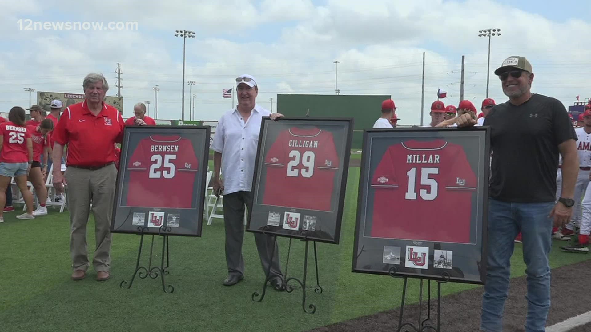 David Bernsen, Jim Gilligan and Kevin Millar were recognized before the Cardinals game against UTRGV.